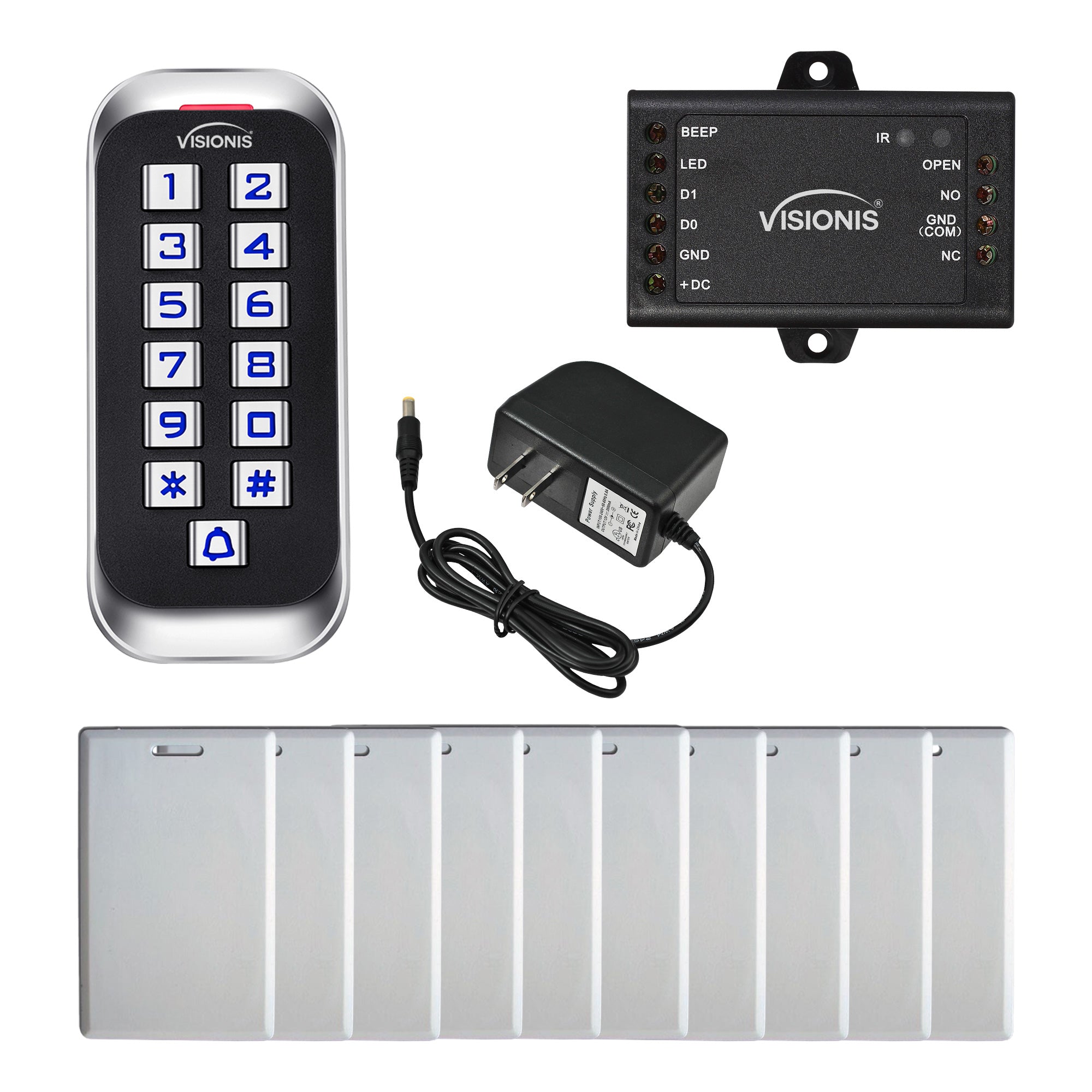 FPC-5688 VIS-3005 Access Control Weatherproof Keypad Reader Standalone With Mini Controller + Wiegand 26, No Software, EM Cards, With Doorbell Slim Version + Power Supply + Pack Of 10 Proximity Cards