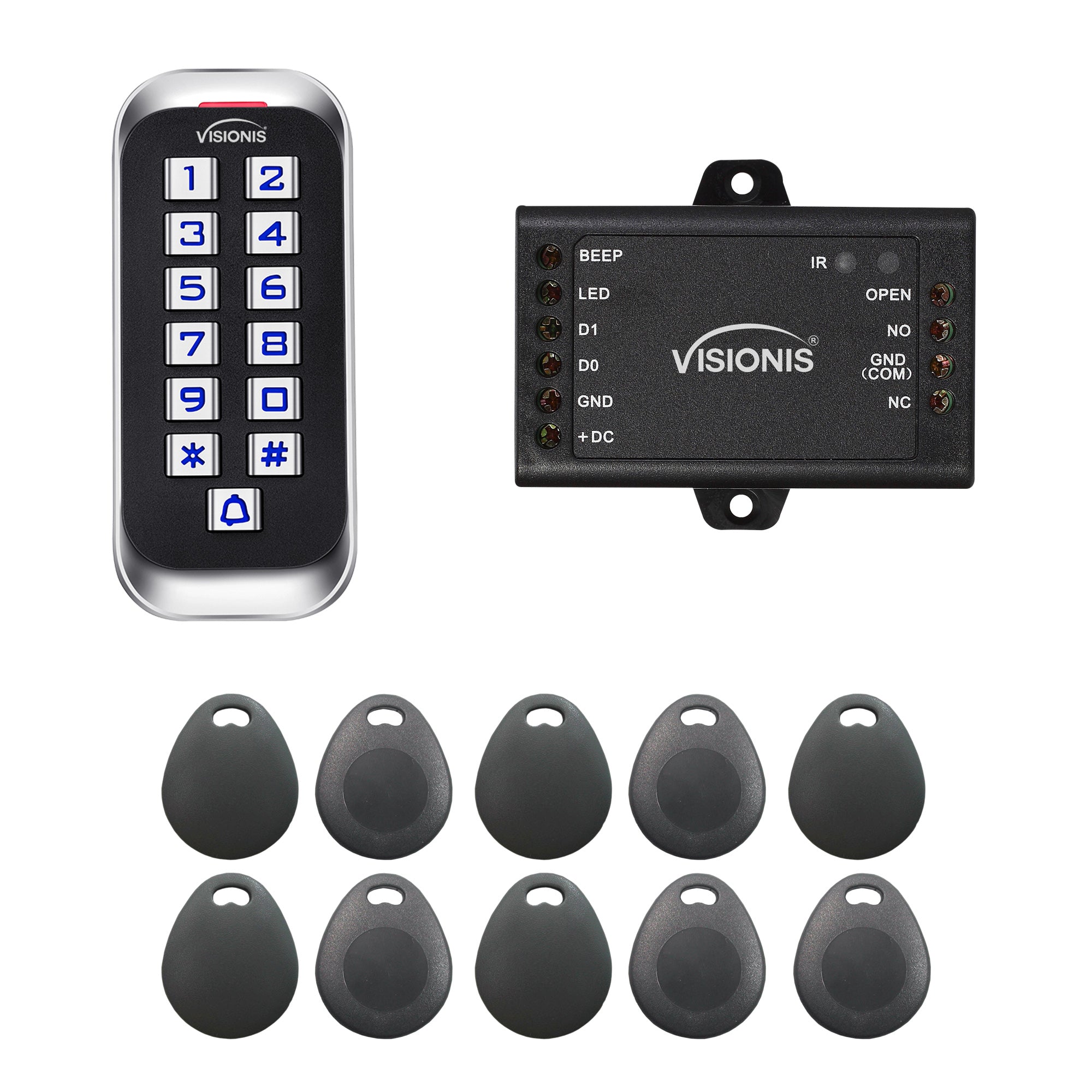 Standalone Access Control Keypad and Card Reader VIS-3005. Waterproof Rated IP68. Wiegand 26. Slim Design. No Software + Mini Controller + Pack Of 10 Proximity Key Fobs - FPC-5689 Kit Visionis