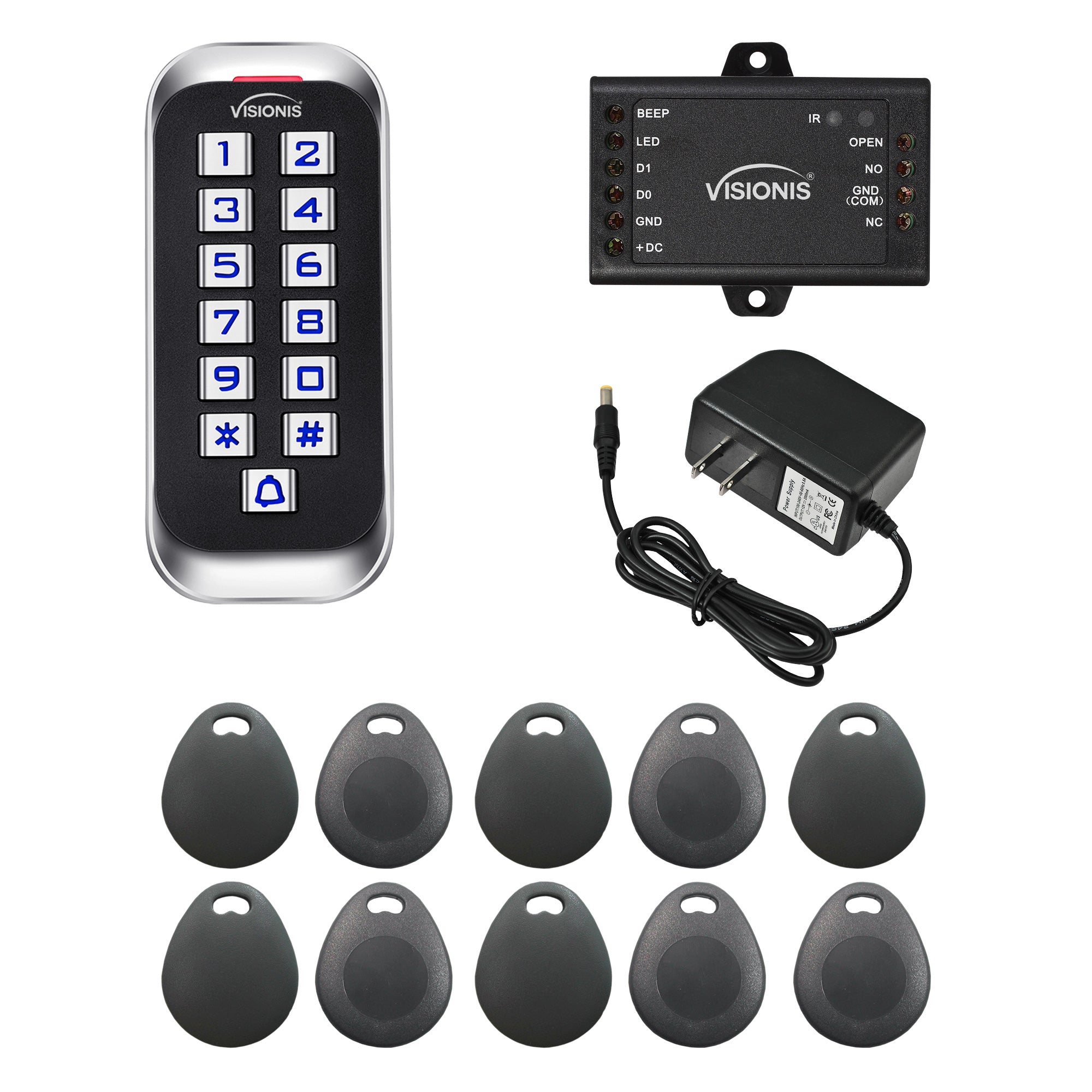 FPC-5690 Visionis VIS-3005 Access Control Weatherproof Keypad Reader Standalone With Mini Controller + Wiegand 26, No Software, 1000 Users With Doorbell Slim Version + Pack 10 Key Tags + Power Supply