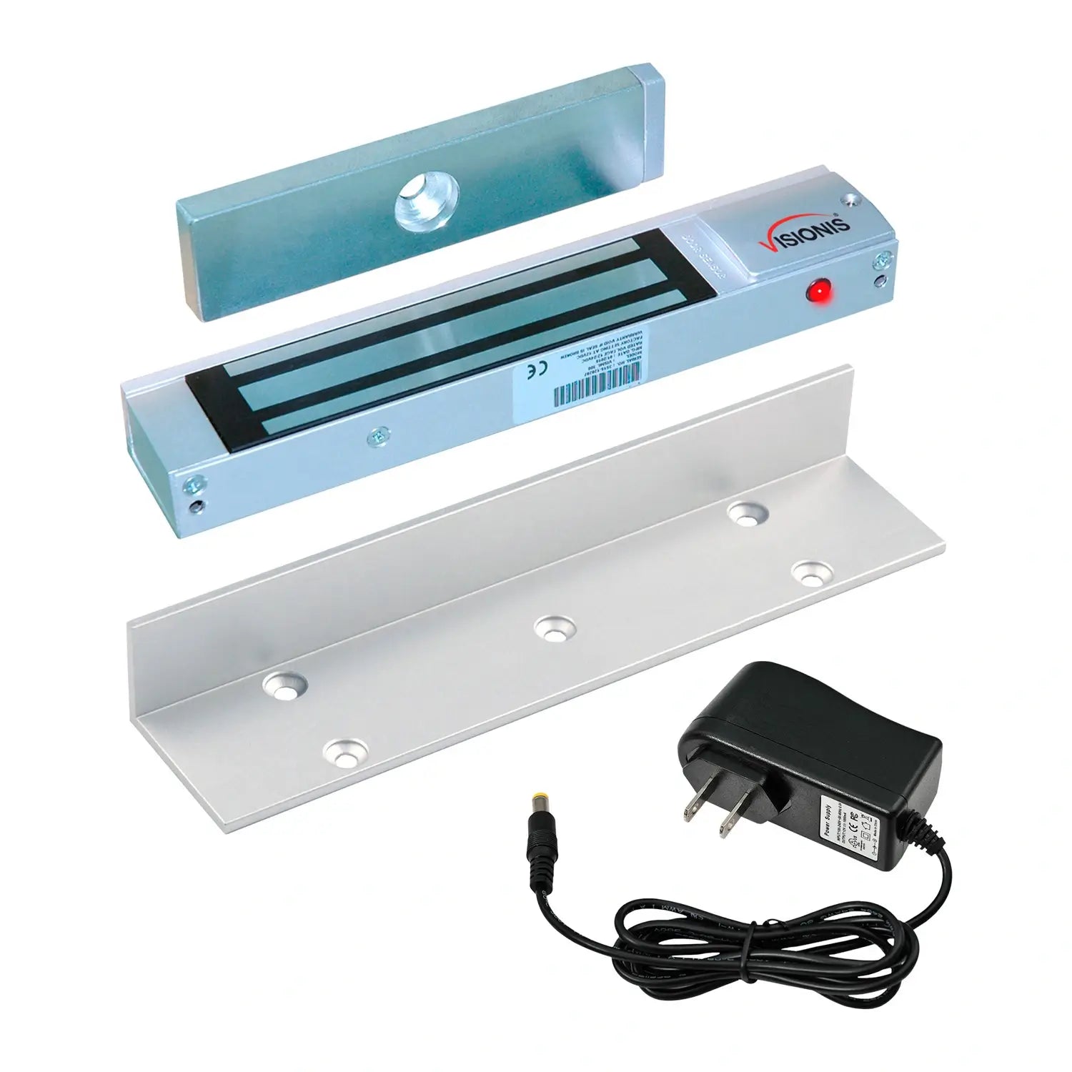 Magnetic door lock kit with 300lb maglock, LS bracket, and power supply for narrow outswinging doors. VIS-ML300LED FPC-5699 VISIONIS