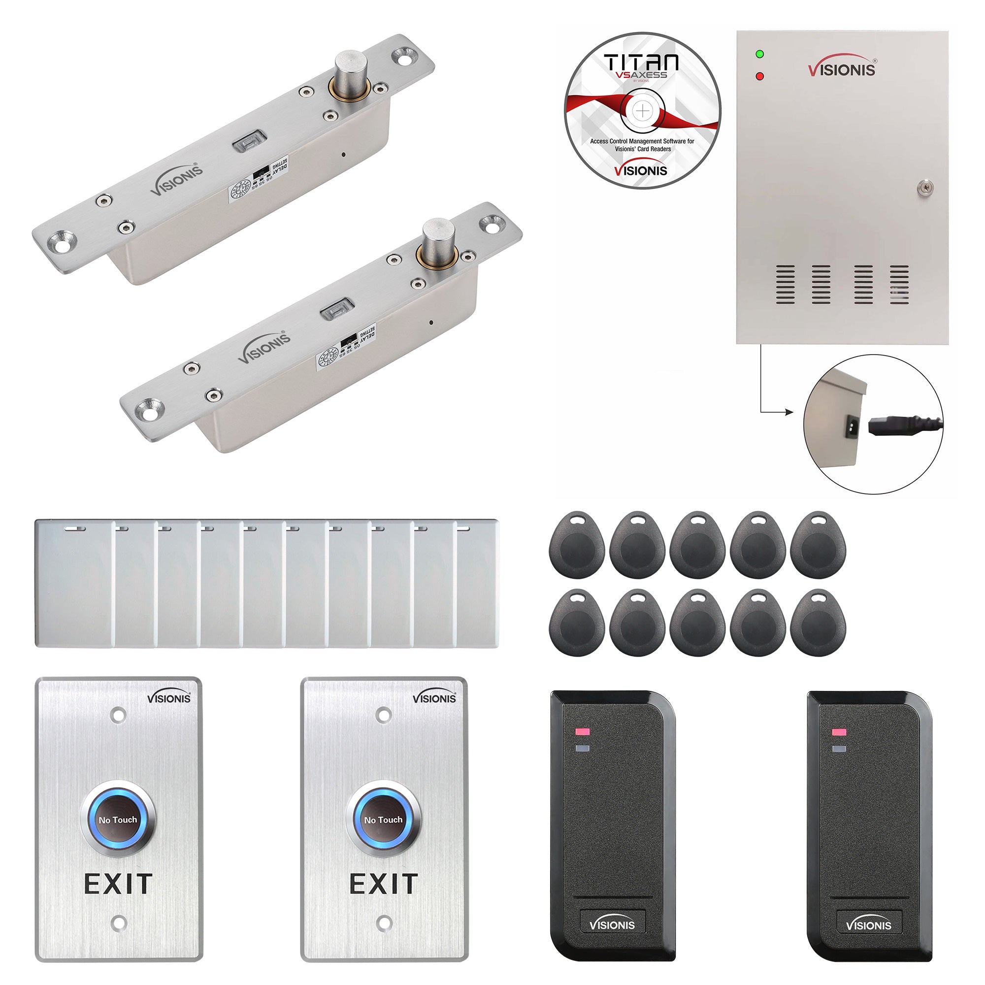 FPC-6156 Two Doors Access Control Electric Drop Bolt Fail Secure Time Attendance TCP / IP RS485 Wiegand Controller Box + Black Outdoor Waterproof Card Reader + Software + 20,000 Users Kit