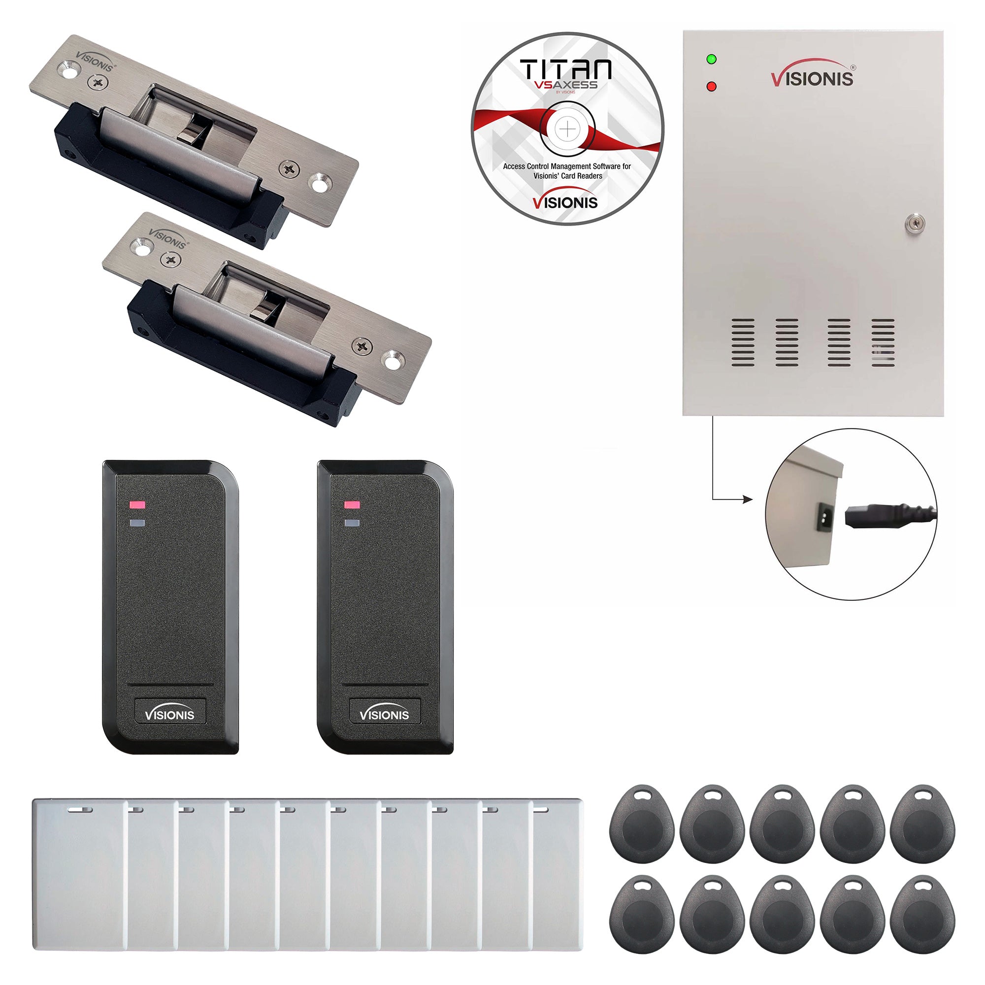 FPC-6164 Two Doors Access Control Electric Strike Fail Safe And Fail Secure Adjustable Time Attendance TCP / IP RS485 Wiegand Controller Box, Waterproof Card Reader + Software + 20,000 Users Kit