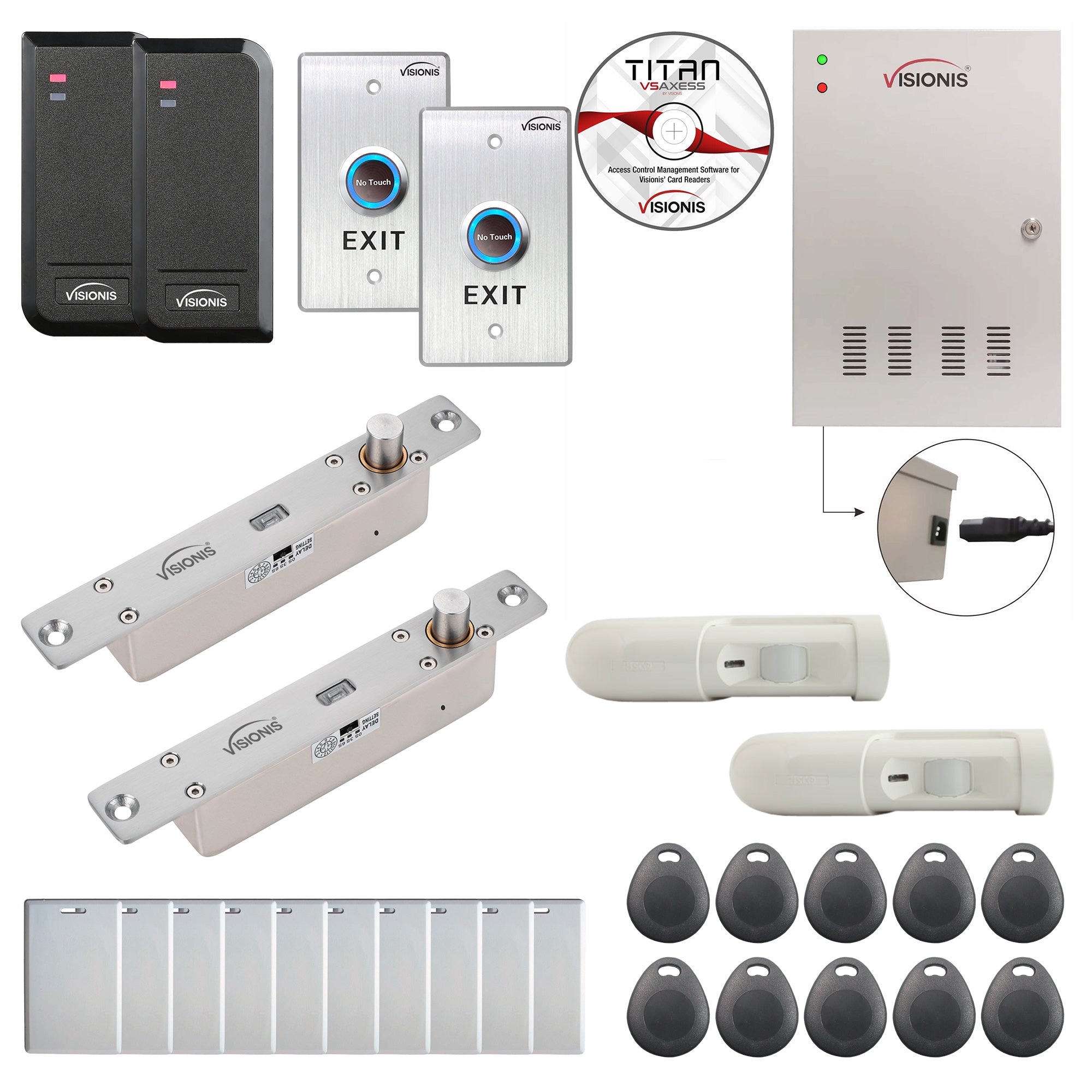 FPC-6167 Two Doors Access Control Electric Drop Bolt Fail Secure Attendance TCP / IP RS485 Wiegand Controller Box + Waterproof Card Reader + Software + 20,000 Users PIR Motion Detector Kit