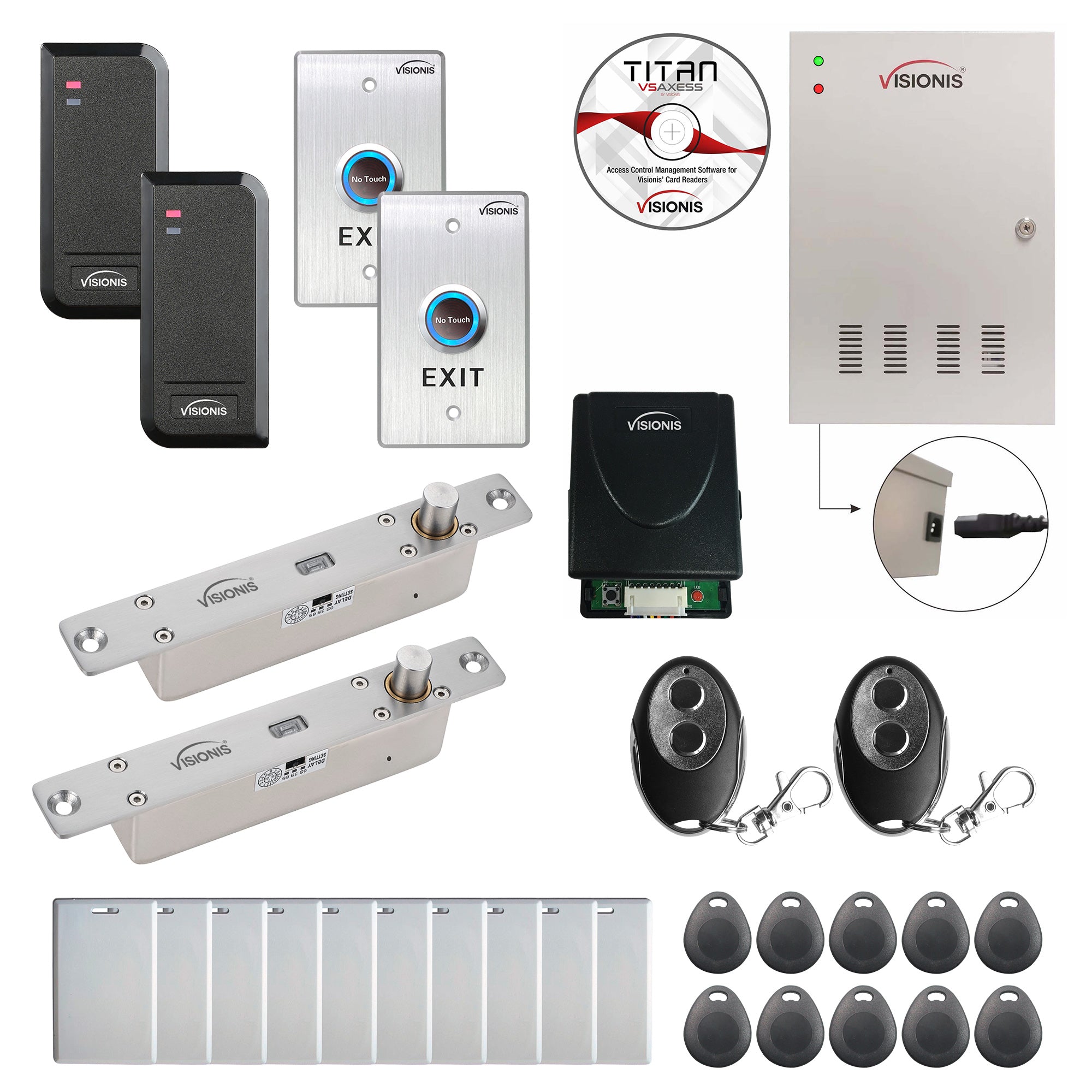 FPC-6179 Two Doors Access Control Electric Drop Bolt Fail Secure TCP / IP RS485 Wiegand Controller Box + Black Outdoor Waterproof Card Reader + Software + 20000 User, Wireless Receiver Kit