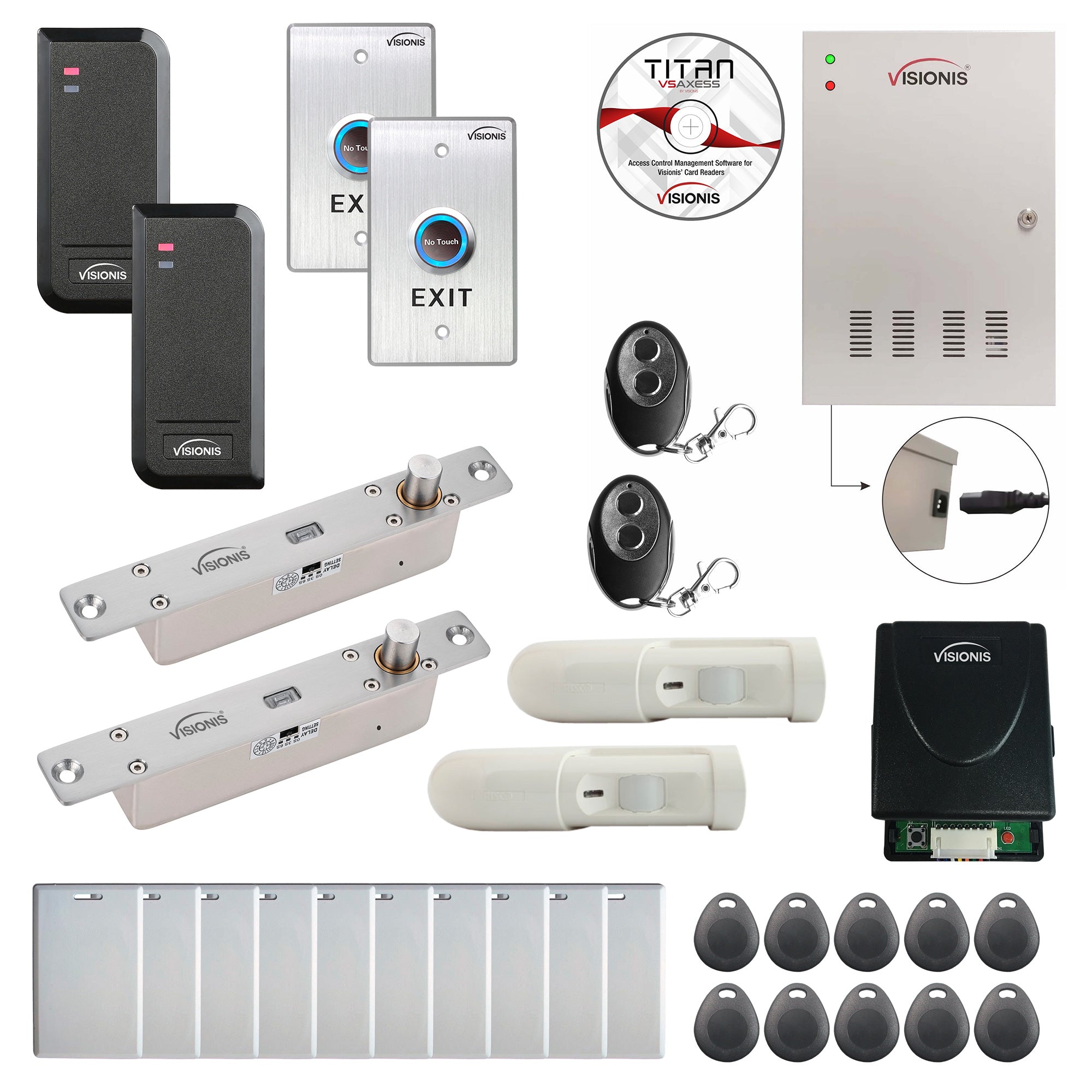 FPC-6191 Two Doors Access Control Electric Drop Bolt Fail Secure TCP / IP RS485 Wiegand Controller Box + Waterproof Card Reader+ Software + 20,000 Users, Wireless Receiver, Motion Detector