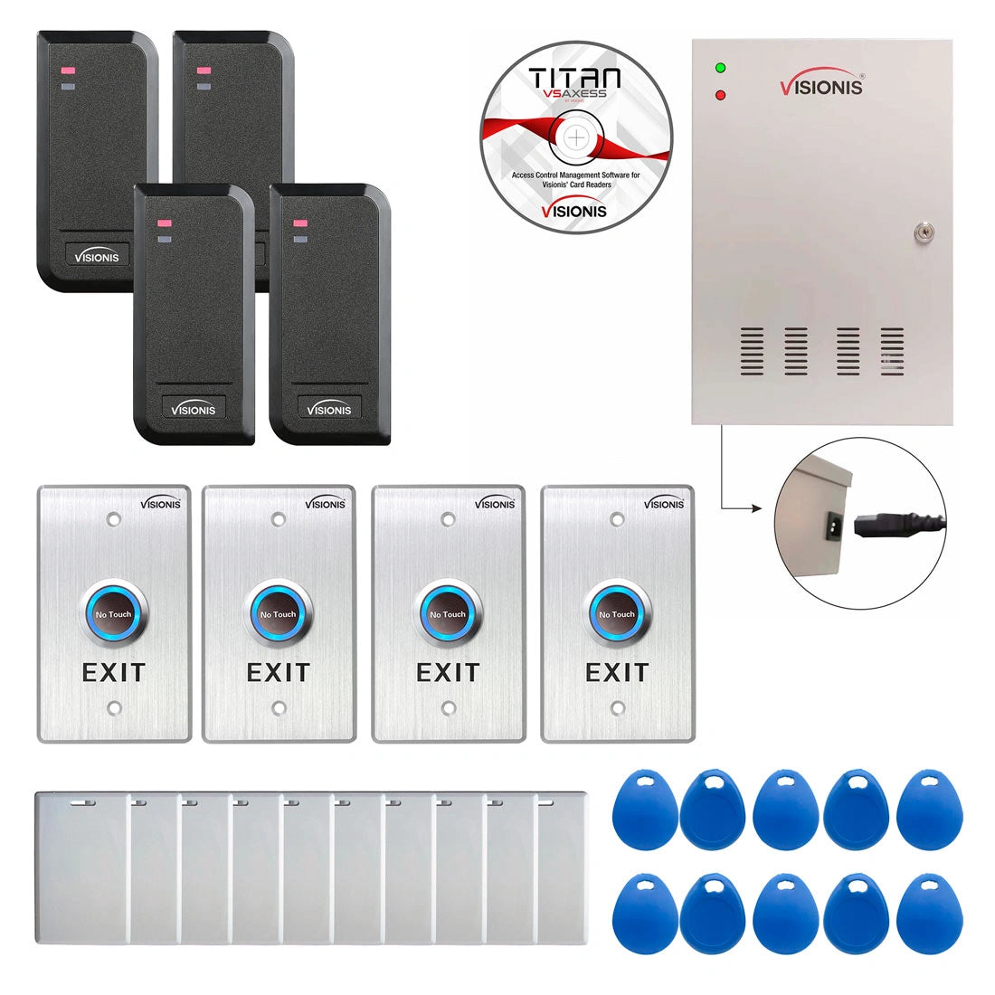 Visionis FPC-6202 Four Doors Access Control TCP / IP Wiegand Controller Box, Power Supply Included Black Indoor / Outdoor Card Reader + Software Included + 20,000 Users Kit