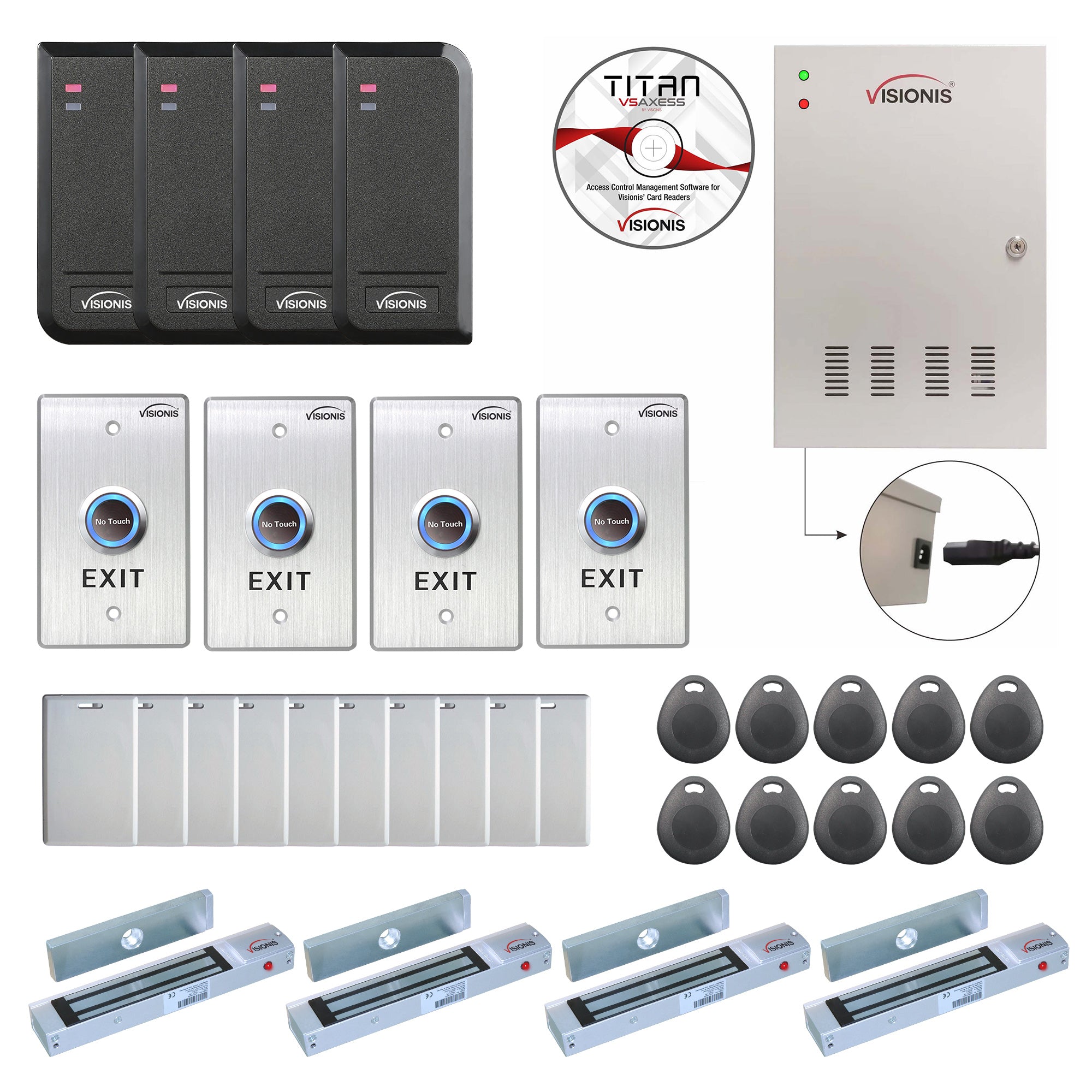 FPC-6203 Four Doors Access Control, Outswing Door 300lbs Electromagnetic Lock Controller Box, Indoor/Outdoor Card Reader + Software Included + 20,000 Users Kit