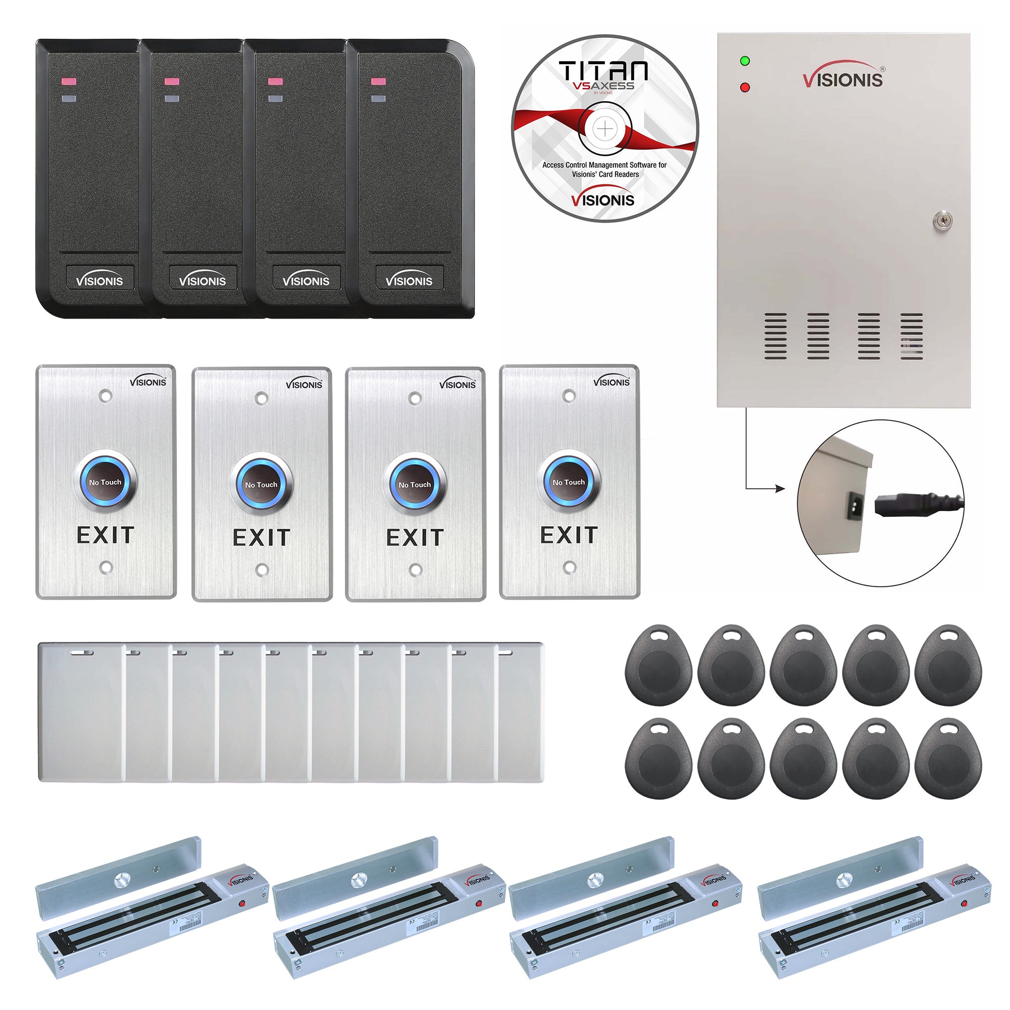 Visionis FPC-6205 Two Doors / Four Doors Access Control TCP / IP Wiegand For Out Swing Door Electric 600lbs MagLock Controller Box + Indoor/Outdoor Card Reader + Software Included + 20,000 Users Kit