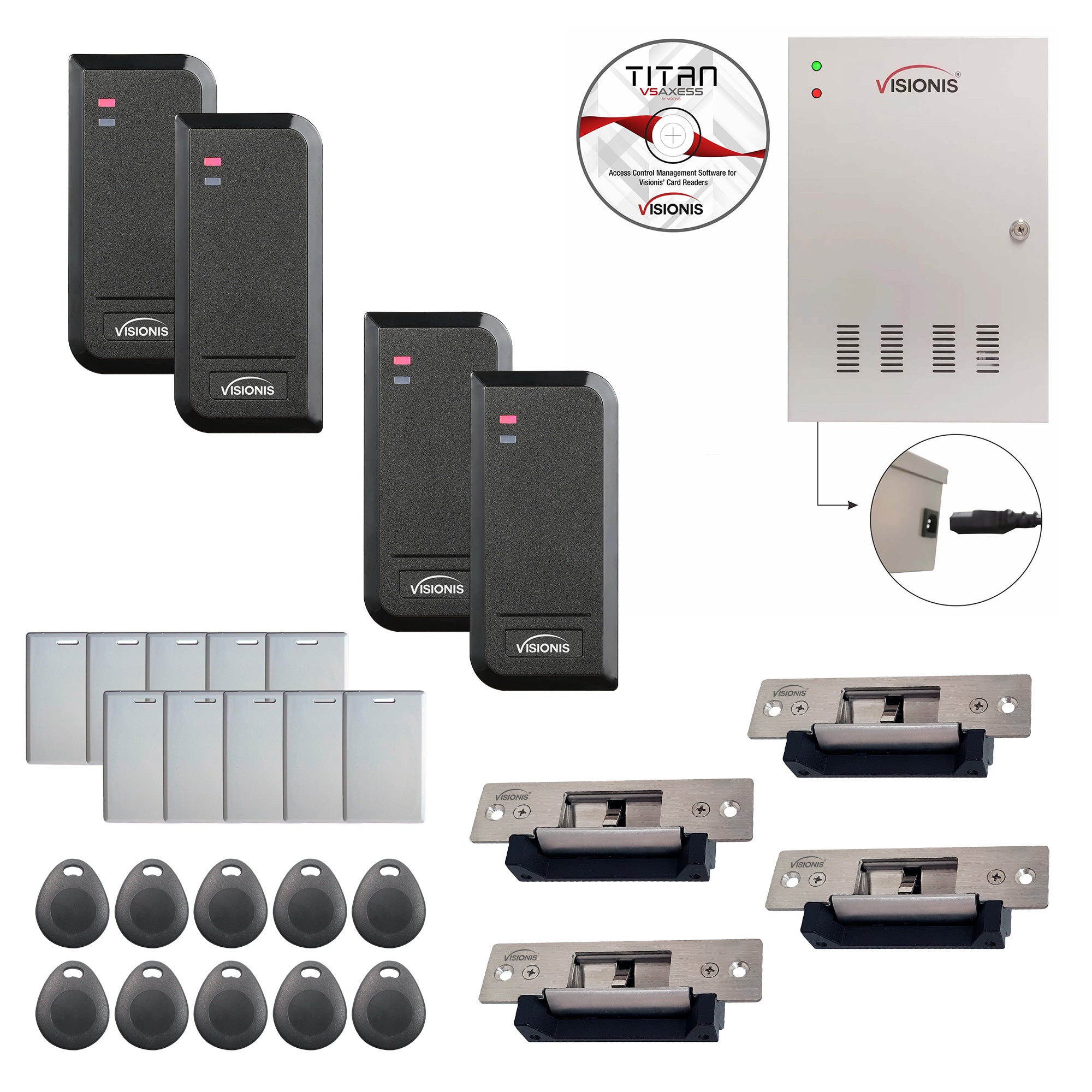 FPC-6224 Four Doors Access Control TCP / IP RS485 Wiegand Electric Strike Fail Safe Fail Secure Adjustable Controller Box + Waterproof Card Reader + Software Included + 20,000 Users Kit