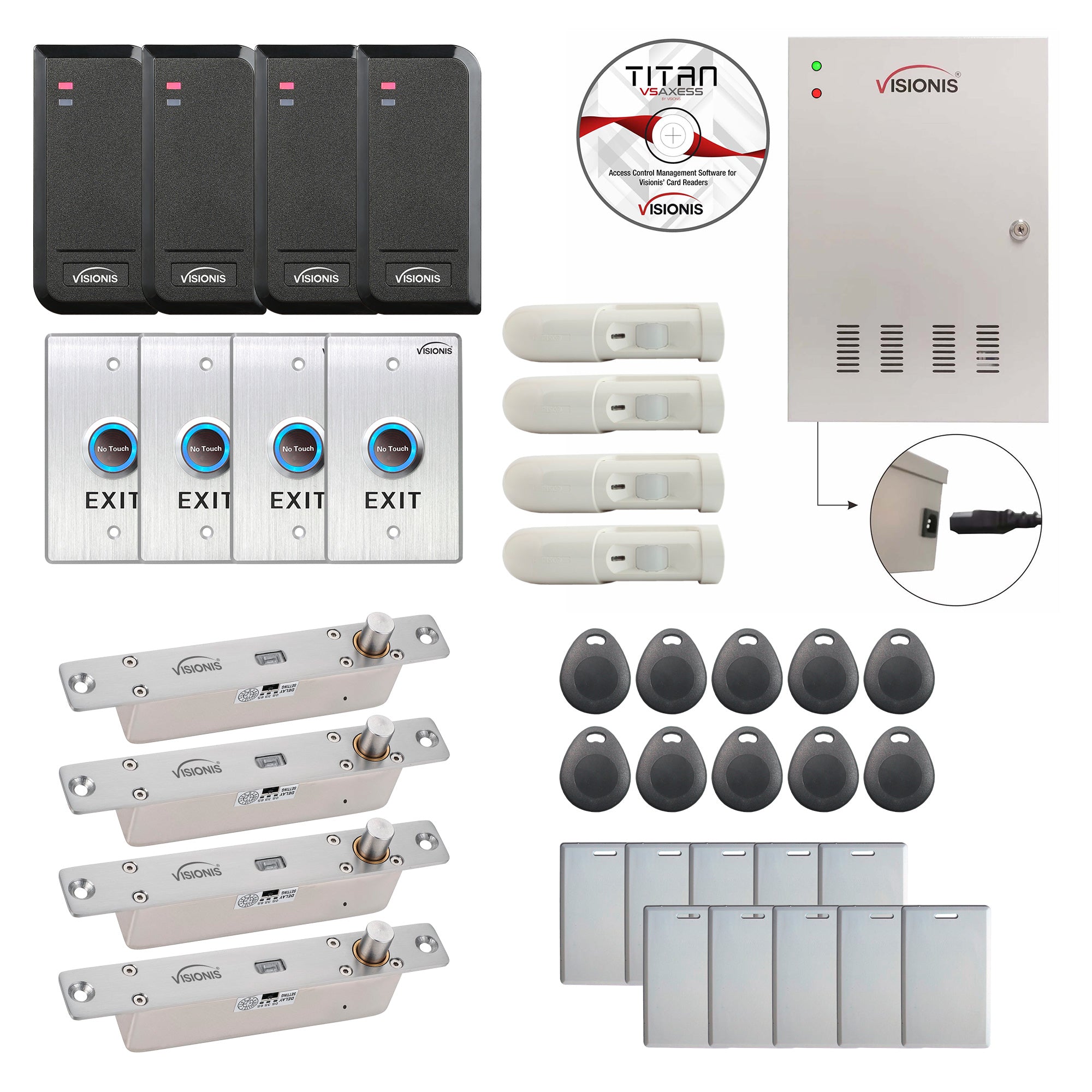 FPC-6227 Four Doors Access Control TCP / IP RS485 Wiegand Electric Drop Bolt Fail Secure Controller Box + Outdoor Card Reader + Software Included + 20,000 Users + PIR Motion Detector Kit