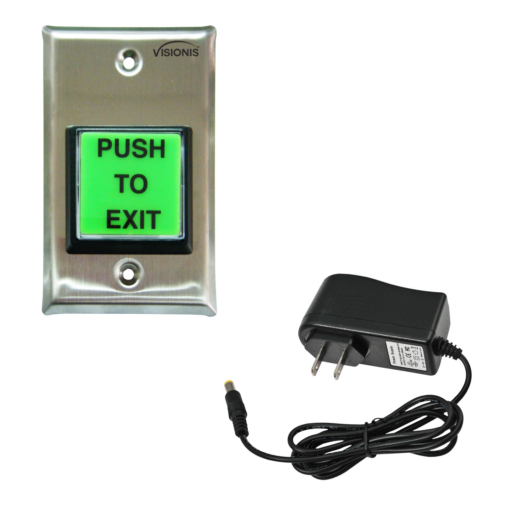 Visionis FPC-6274 Green With LED Square Request To Exit Button With Timer Delay For Door Access Control With Power Supply