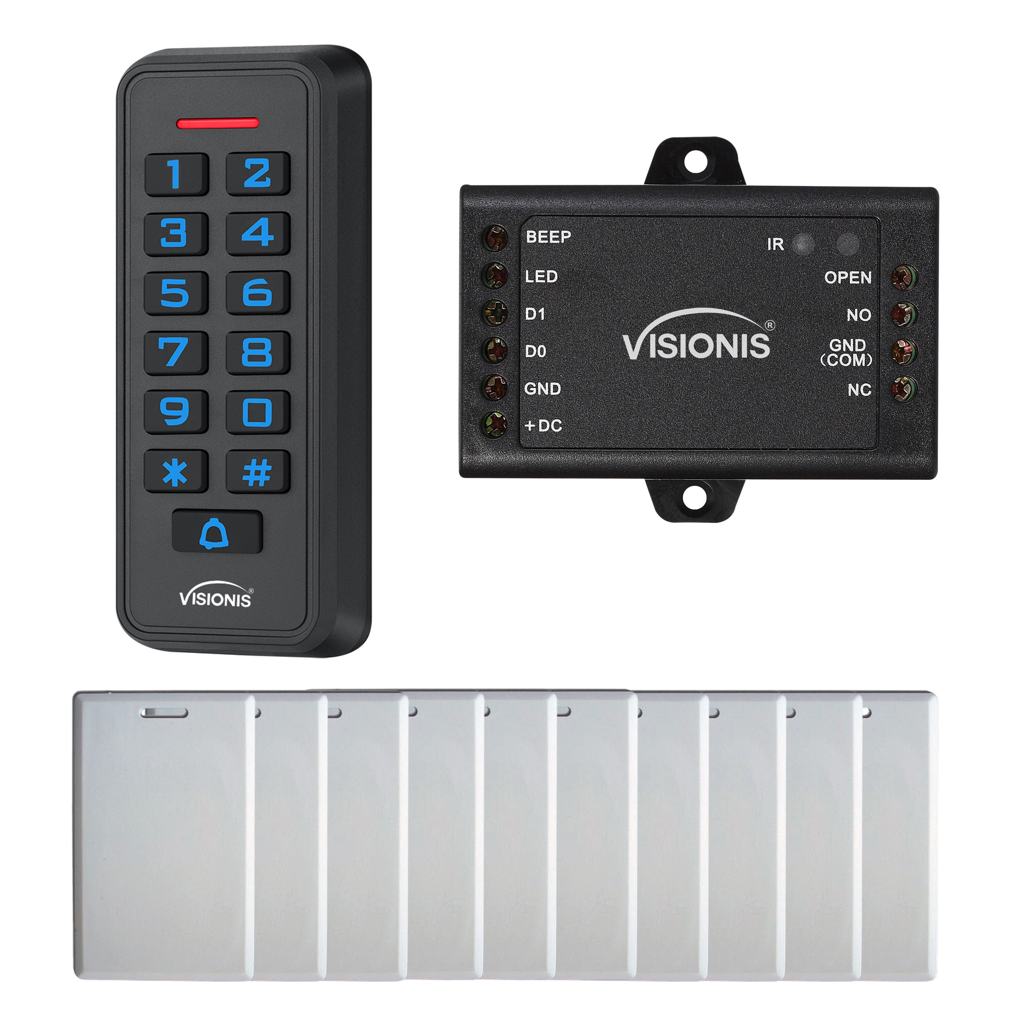 Standalone Access Control Keypad and Card Reader VIS-3008. Outdoor IP68 Weatherproof + Wiegand 26. No Software. EM Cards. 1000 Users + Mini Controller + 10 Pack Of Proximity Cards - FPC-6421 Visionis