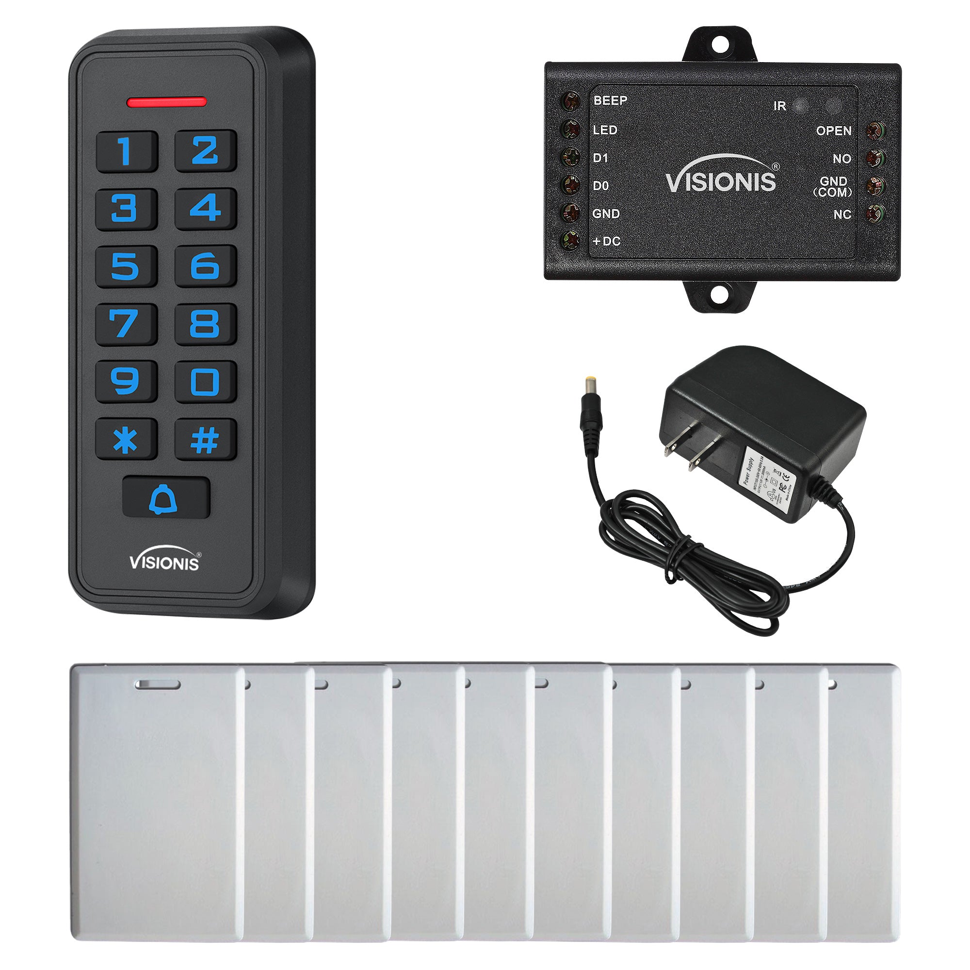 FPC-6423 VIS-3008 Access Control Black Outdoor IP68 Keypad And Card Reader Standalone With Mini Controller + Wiegand 26, No Software, EM Cards, 1000 Users + Power Supply + Pack Of 10 Proximity Cards