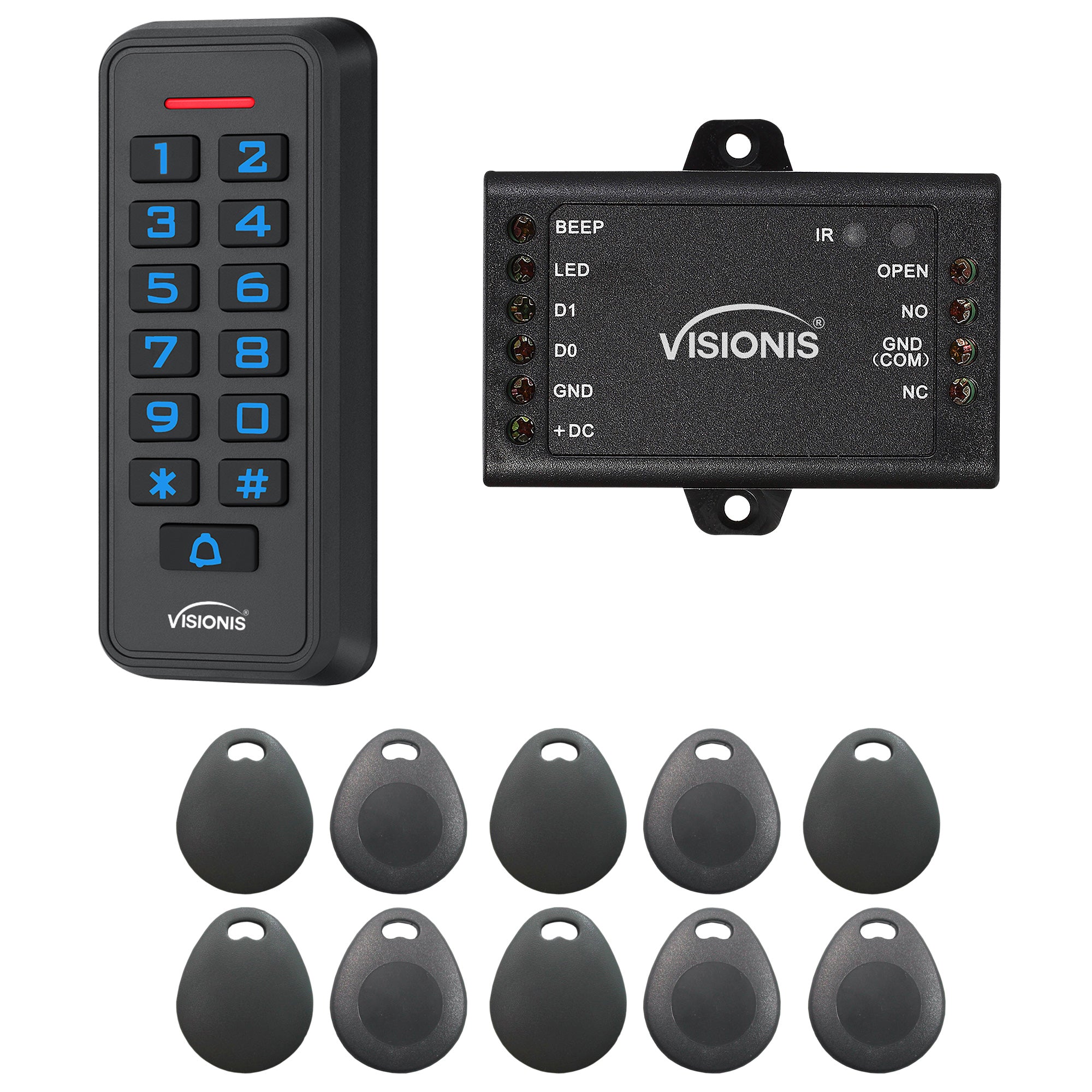 FPC-6424 Visionis VIS-3008 Access Control Black Outdoor IP68 Keypad And Card Reader Standalone With Mini Controller + Wiegand 26, No Software, EM Cards, 1000 Users + 10 Pack Of Proximity Key Tags