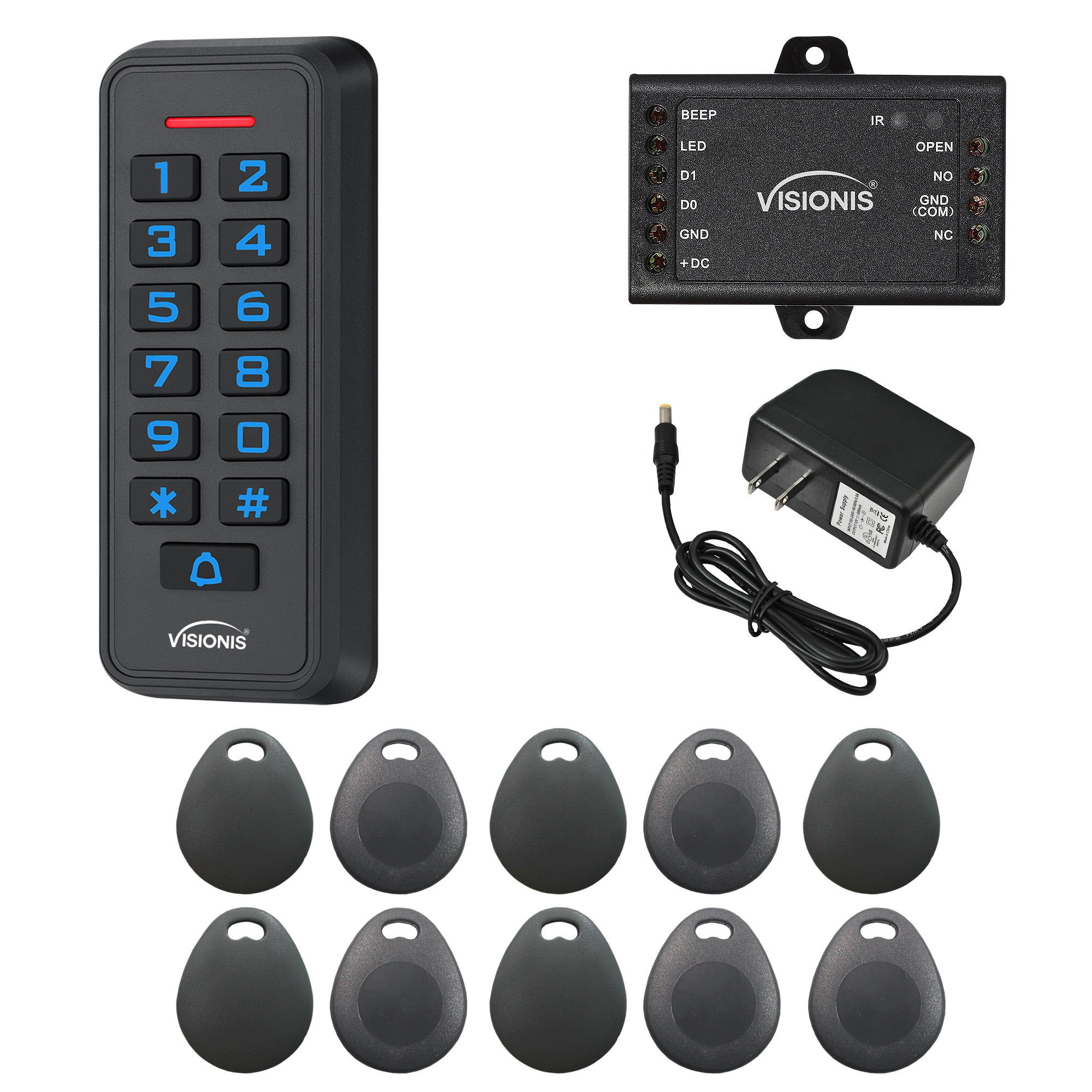 FPC-6425 Visionis VIS-3008 Access Control Outdoor IP68 Keypad And Card Reader Standalone With Mini Controller + Wiegand 26, EM Cards, 1000 Users + Power Supply + Pack 10 Proximity Key Tags Included