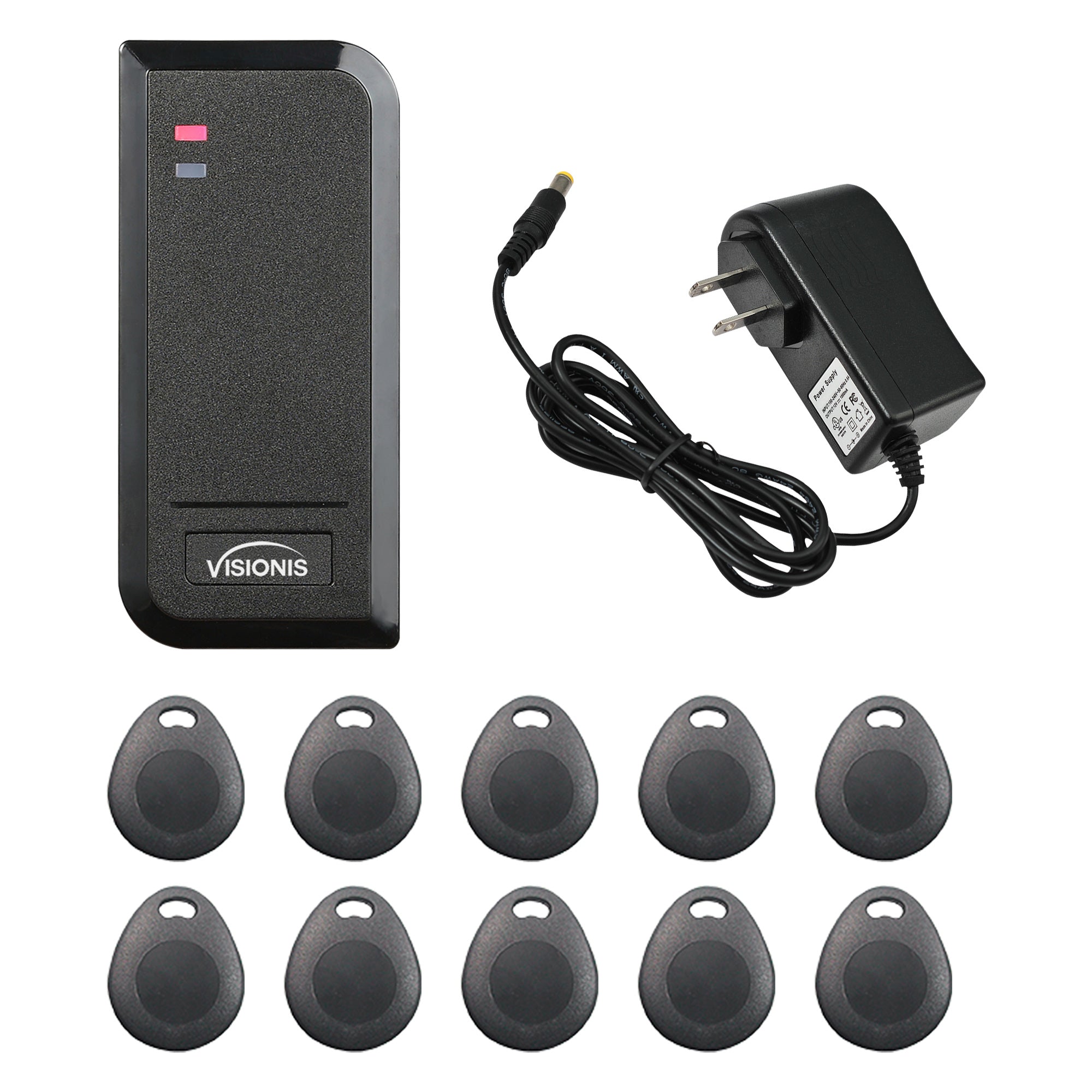 Outdoor Card Reader for Access Control VIS-3100. Black Color. Rated IP66. Only Compatible with Wiegand 26 Bit + Pack Of 10 Proximity Key Tags + Power Supply - FPC-6435 Visionis