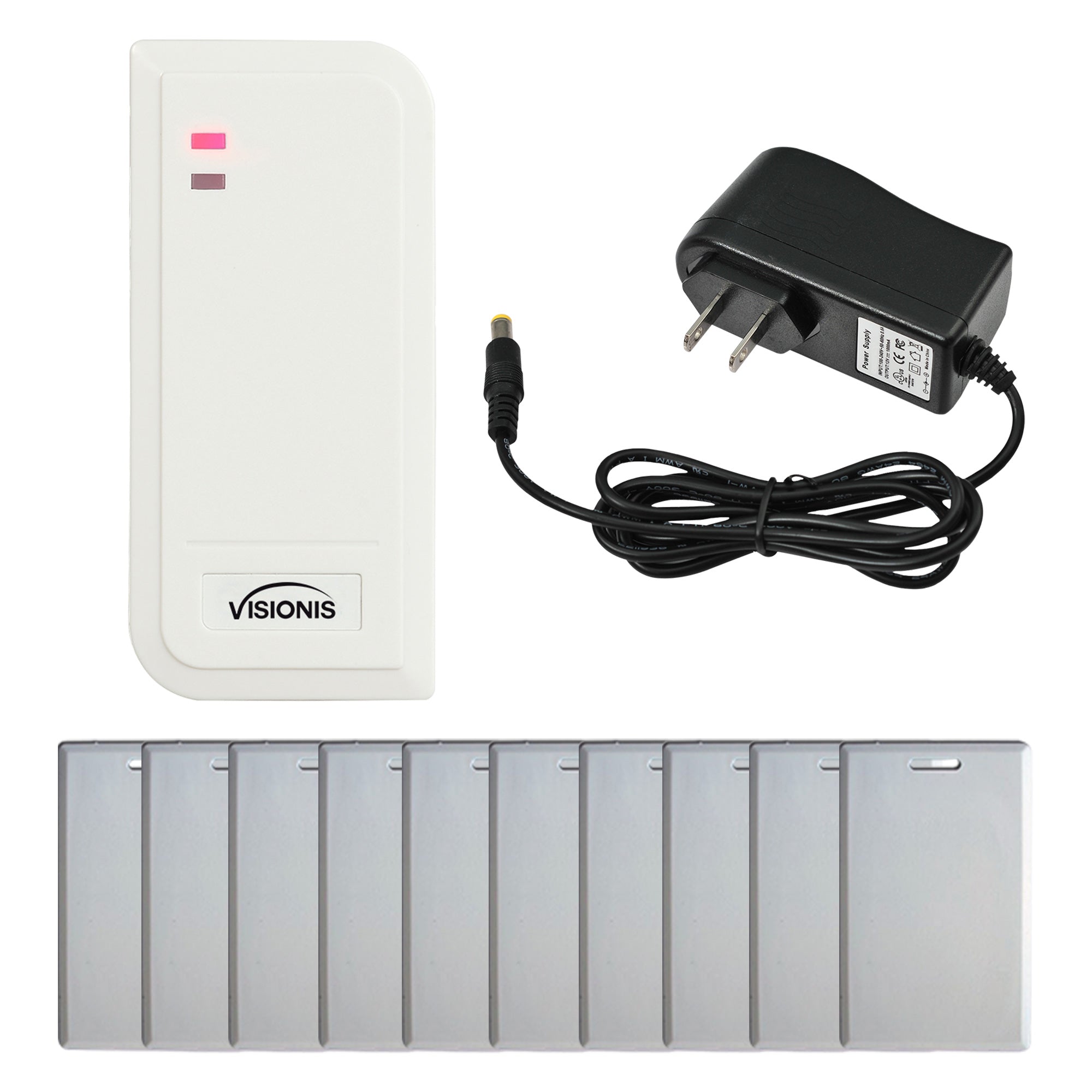 FPC-6438 VIS-3101 Access Control White Outdoor IP66 Card Reader Only Compatible With Wiegand 26 Bit And A Power Supply Included With A Pack Of 10 Proximity Cards