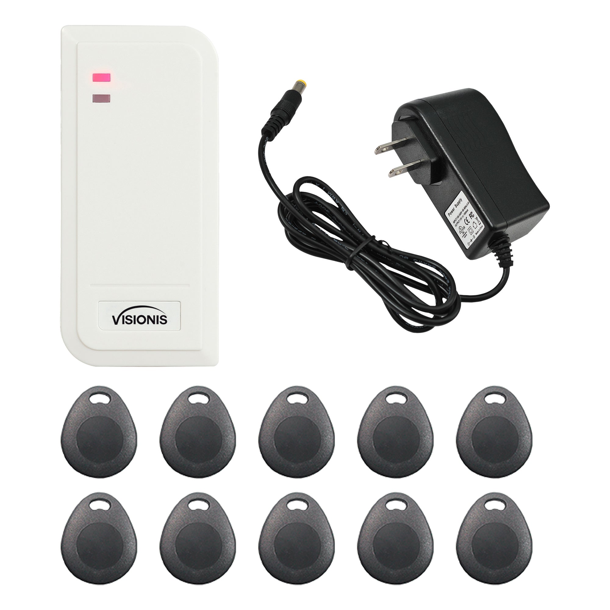 FPC-6440 VIS-3101 Access Control White Outdoor IP66 Card Reader Only Compatible With Wiegand 26 Bit With Power Supply And A Pack Of 10 Proximity Key Tags Included