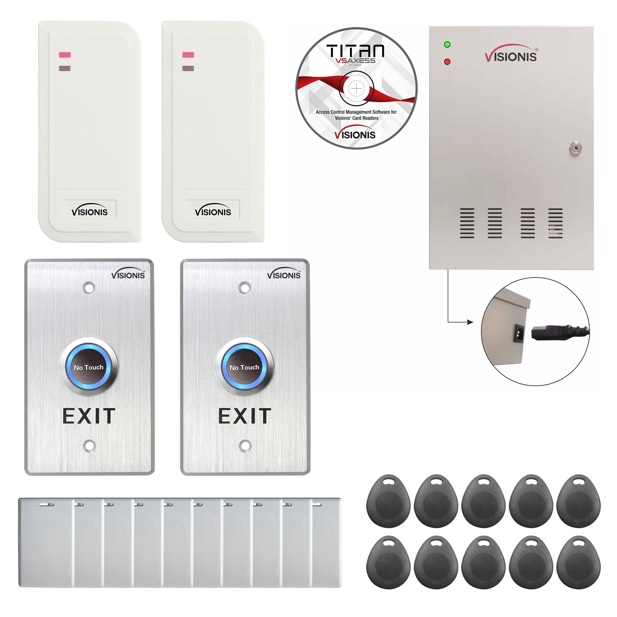 Visionis FPC-6476 Two Doors Access Control Time Attendance TCP / IP Wiegand Controller Box With Power Supply Included + White Indoor/Outdoor Card Reader + Software Included 20,000 Users Kit