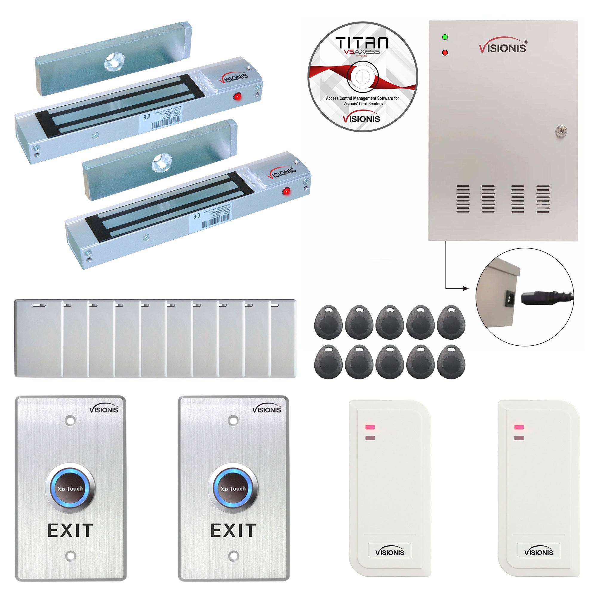 FPC-6477 Two Doors Access Control For Out Swing Door Electric 300lbs Mag Lock Time Attendance TCP/IP + Power Supply + White Indoor/Outdoor Card Reader + Software Included + 20,000 Users Kit