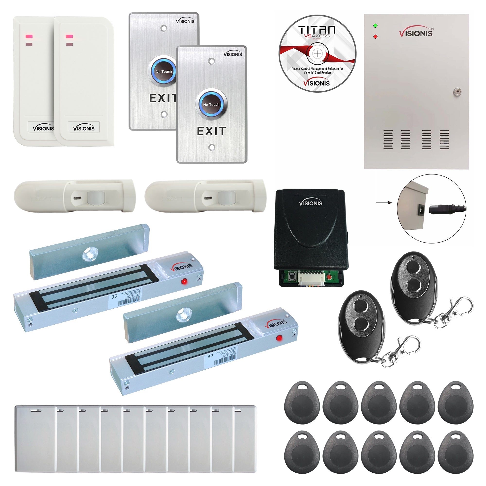 FPC-6495 Two Doors Access Control For Out Swing Door 300lb Mag Lock Time Attendance TCP/IP, White Indoor/Outdoor Card Reader, Software Included + 20,000 Users Wireless Receiver, PIR Kit