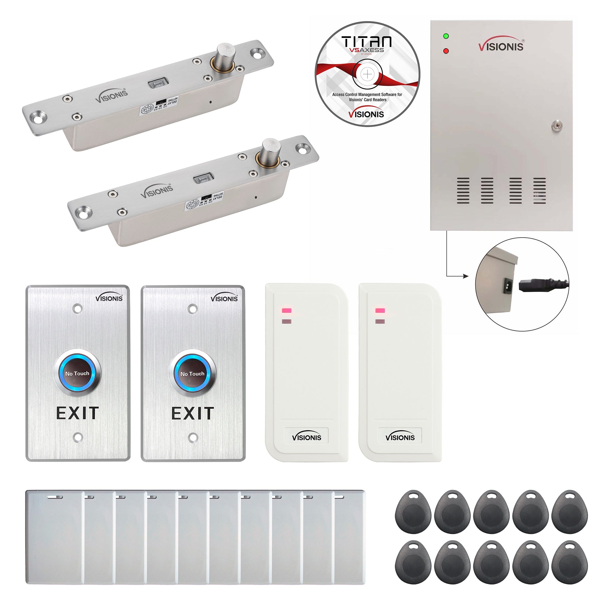 FPC-6502 Two Doors Access Control Electric Drop Bolt Fail Secure Time Attendance TCP/IP RS485 Wiegand Controller Box, White Waterproof Card Reader, Computer Based Software, 20000 Users Kit