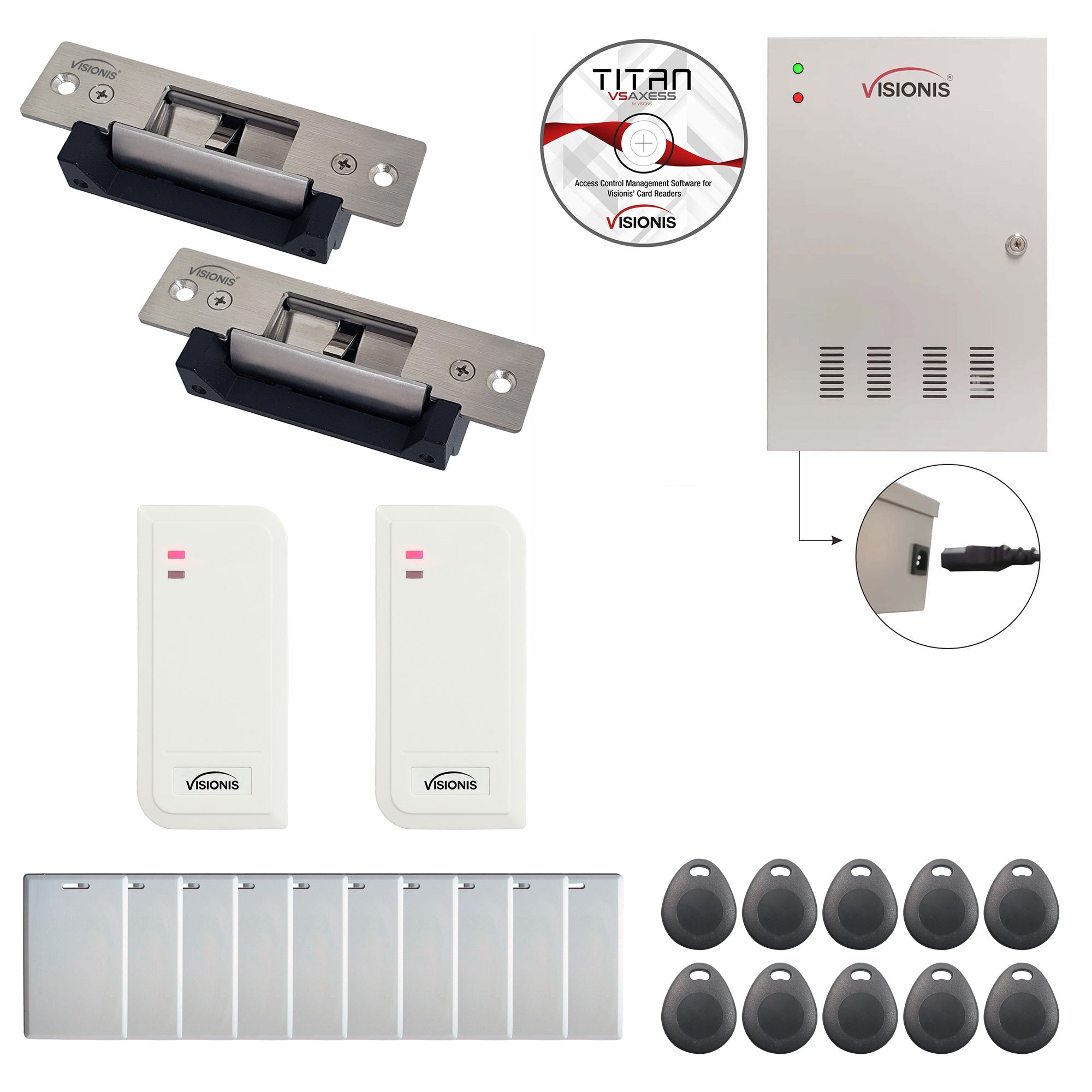 FPC-6510 Two Doors Access Control Electric Strike Fail Safe And Fail Secure Adjustable Attendance TCP/IP RS485 Wiegand Controller Box + White Waterproof Card Reader + Software + 20,000 Users