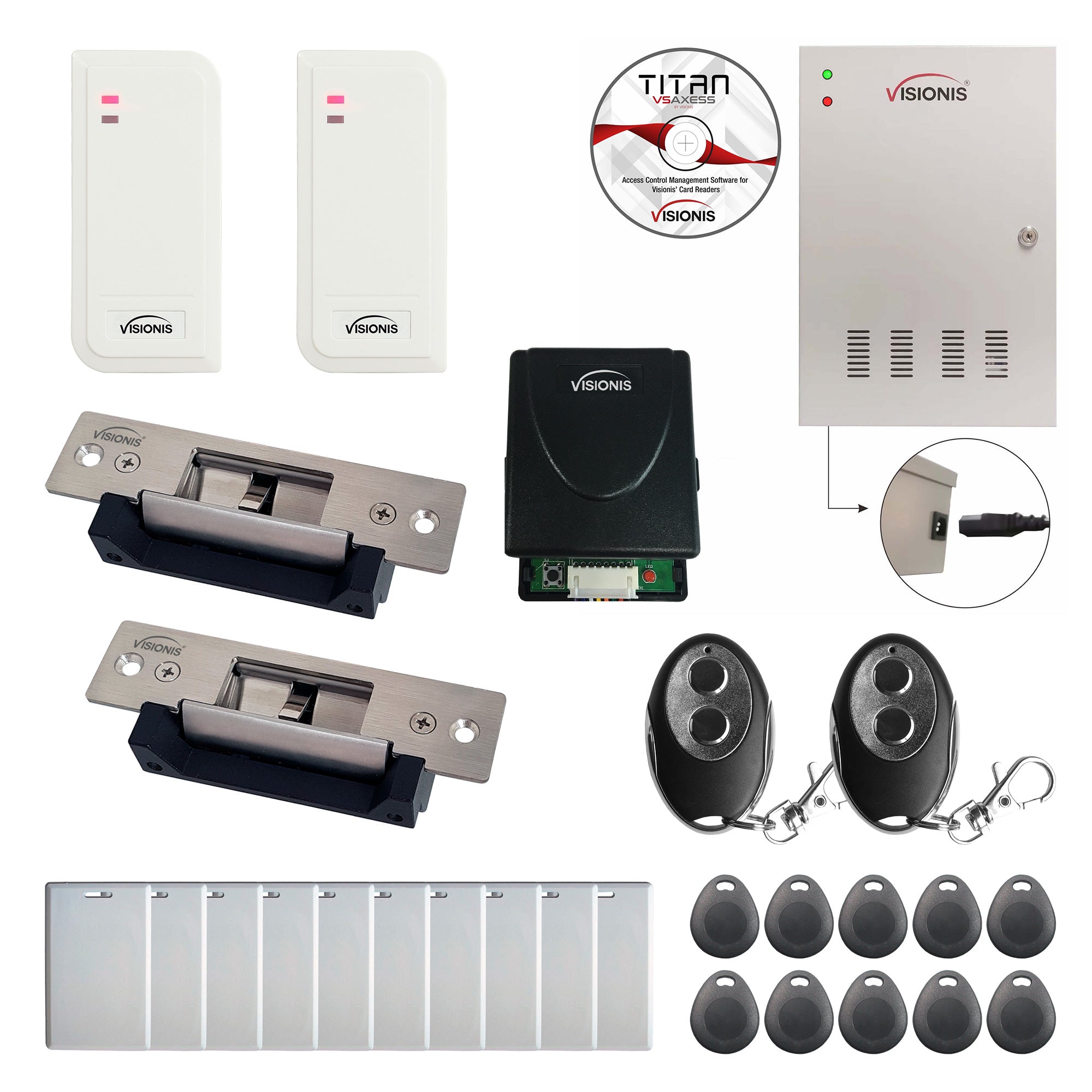 FPC-6533 Two Doors Access Control Electric Strike Fail Safe Fail Secure Adjustable TCP/IP RS485 Wiegand Controller Box + Waterproof Card Reader, Software + 20000 User Wireless Receiver Kit