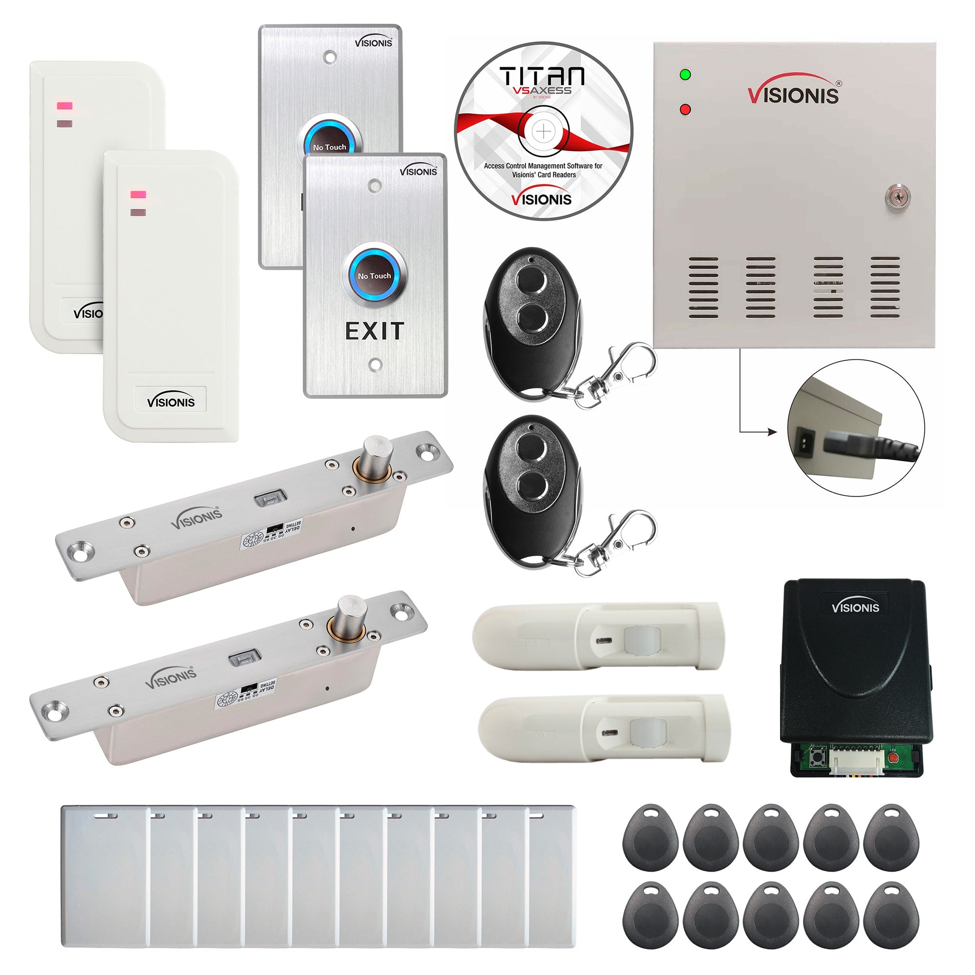 FPC-6537 Two Doors Access Control Electric Drop Bolt Fail Secure TCP/IP RS485 Wiegand Controller Box + Waterproof Card Reader + Software + 20,000 Users, Wireless Receiver, Motion Detector