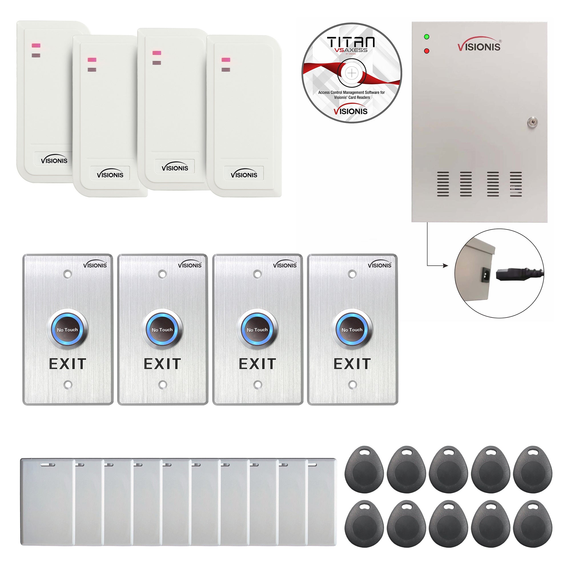 Visionis FPC-6548 Four Doors Access Control TCP / IP Wiegand Controller Box With Power Supply Included White Indoor / Outdoor Card Reader, Computer Based + 20,000 Users Kit