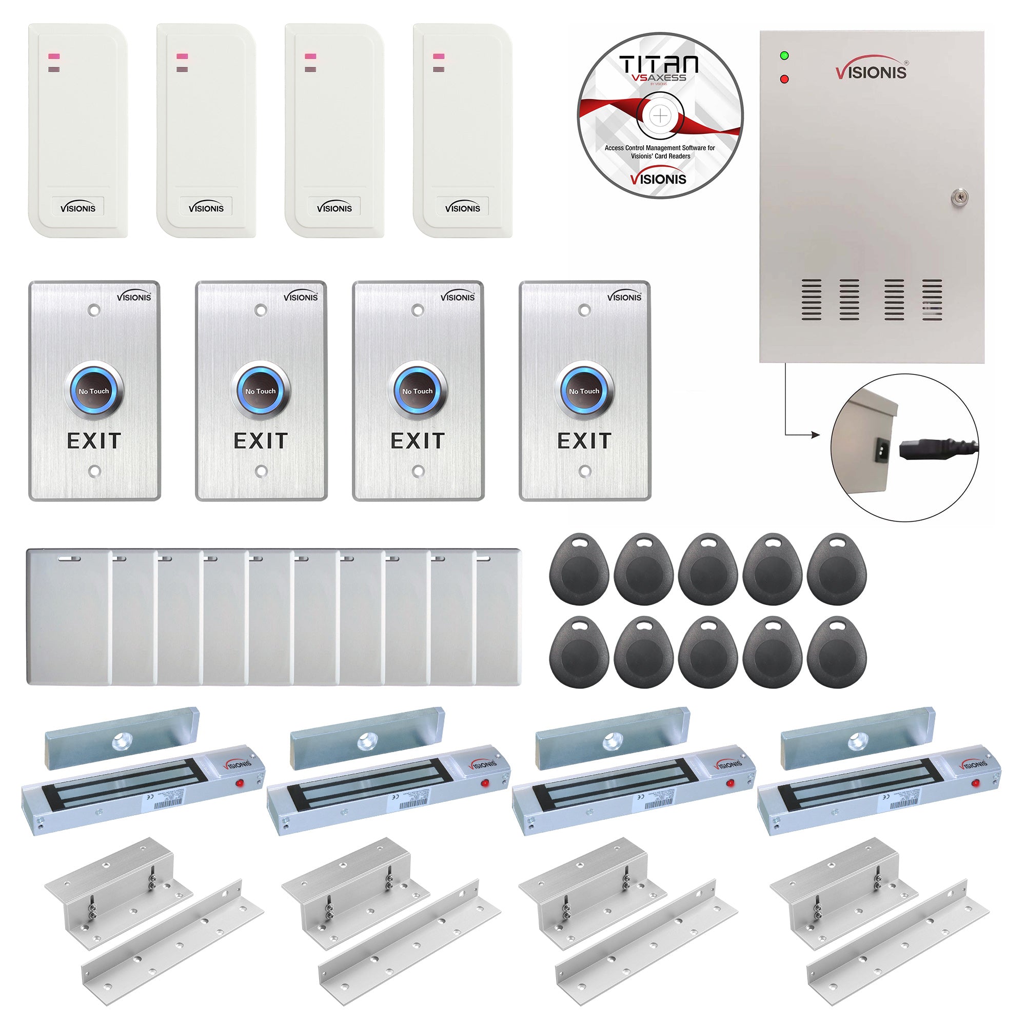 Visionis FPC-6550 Four Doors Access Control TCP/IP Wiegand For In Swing Door Electric 300lbs Mag Lock Controller Box + Indoor/Outdoor Card Reader + Software Included + 20,000 Users Kit