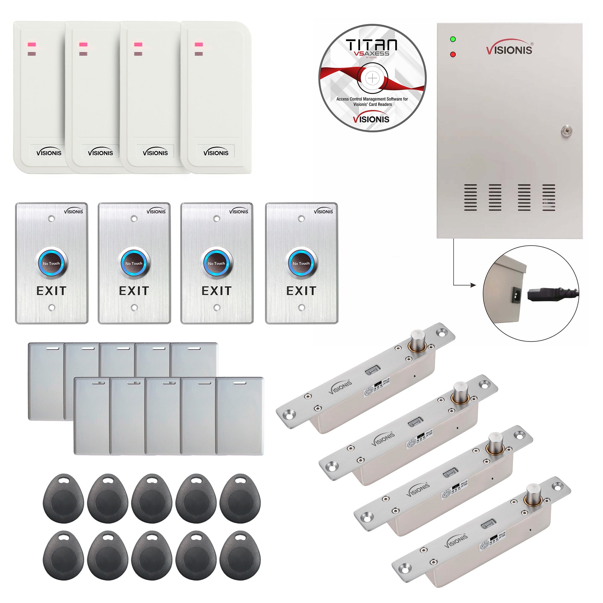 Visionis FPC-6562 Four Doors Access Control TCP / IP RS485 Wiegand Electric Drop Bolt Fail Secure Controller Box + White Waterproof Card Reader + Software Included + 20,000 Users Kit