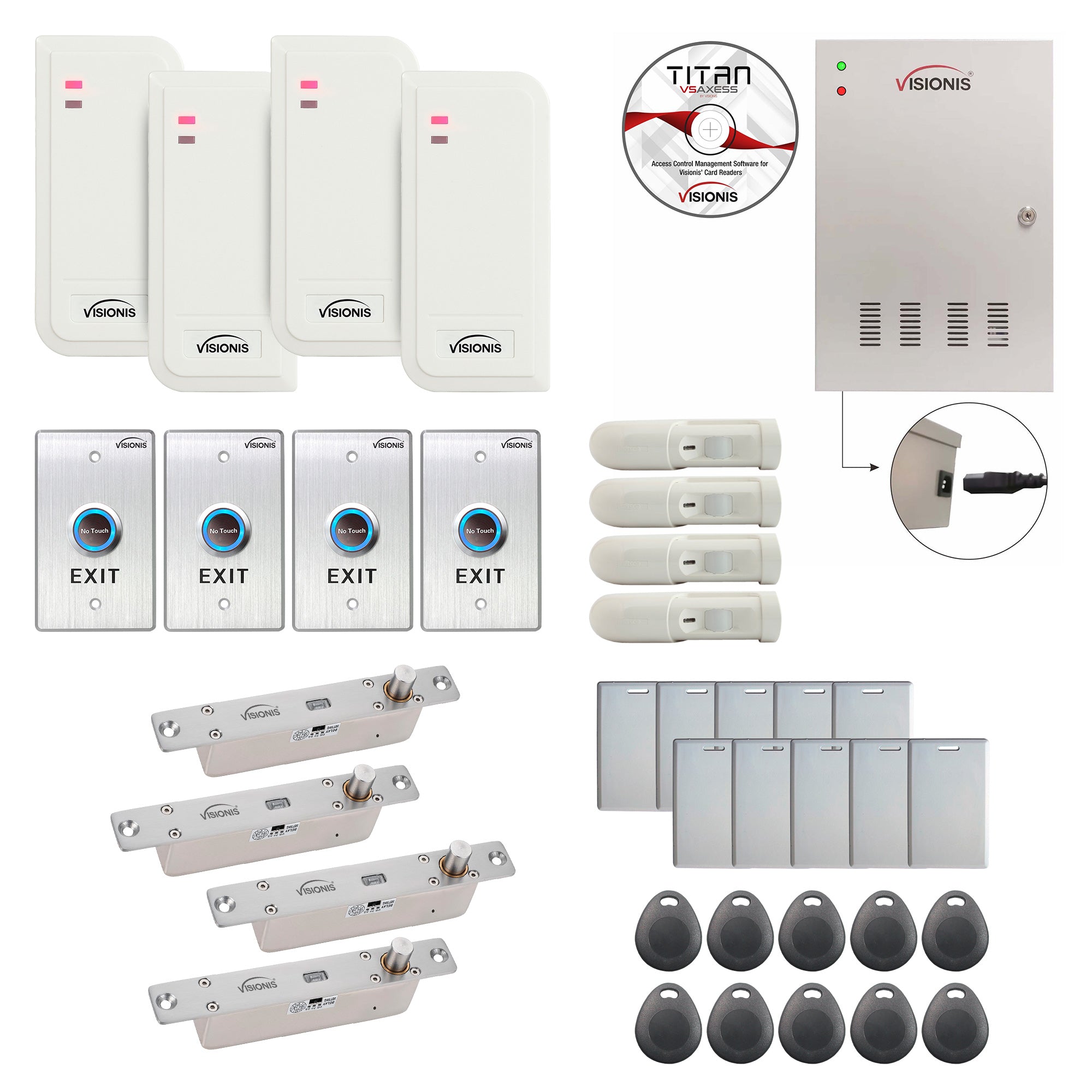 FPC-6573 Four Doors Access Control TCP / IP RS485 Wiegand Electric Drop Bolt Fail Secure Controller Box + Waterproof Card Reader + Software Included + 20,000 Users PIR Motion Detector Kit