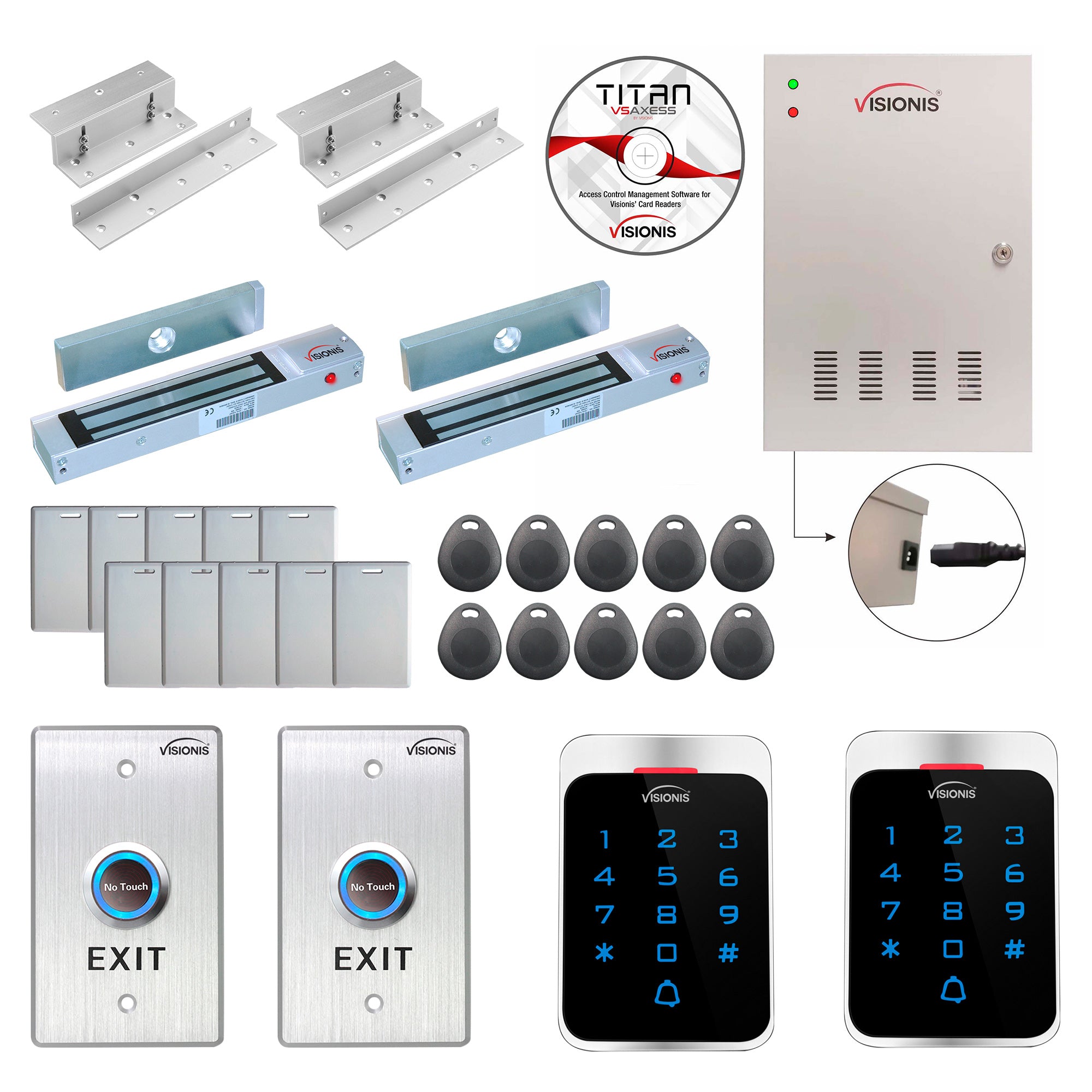 Visionis FPC-7289 Two Door Access Control For In Swing Door 300lbs Maglock Time Attendance TCP/IP Wiegand Controller Box, Card And Keypad Reader, Software Included, 20,000 Users, 70,000 Records