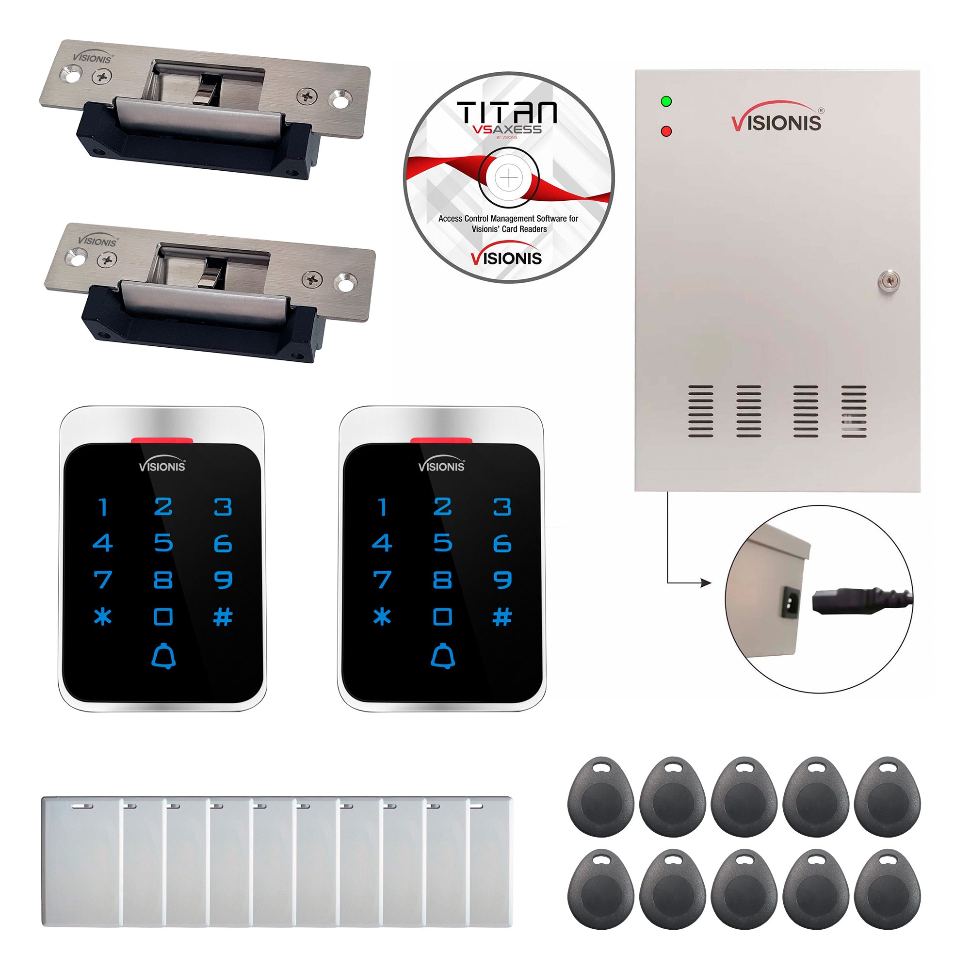 Visionis FPC-7292 Two Door Access Control Electric Strike Lock Time Attendance TCP/IP Wiegand Controller Box, Weatherproof Card And Keypad Reader, Software Included, 20000 Users, 70,000 Records