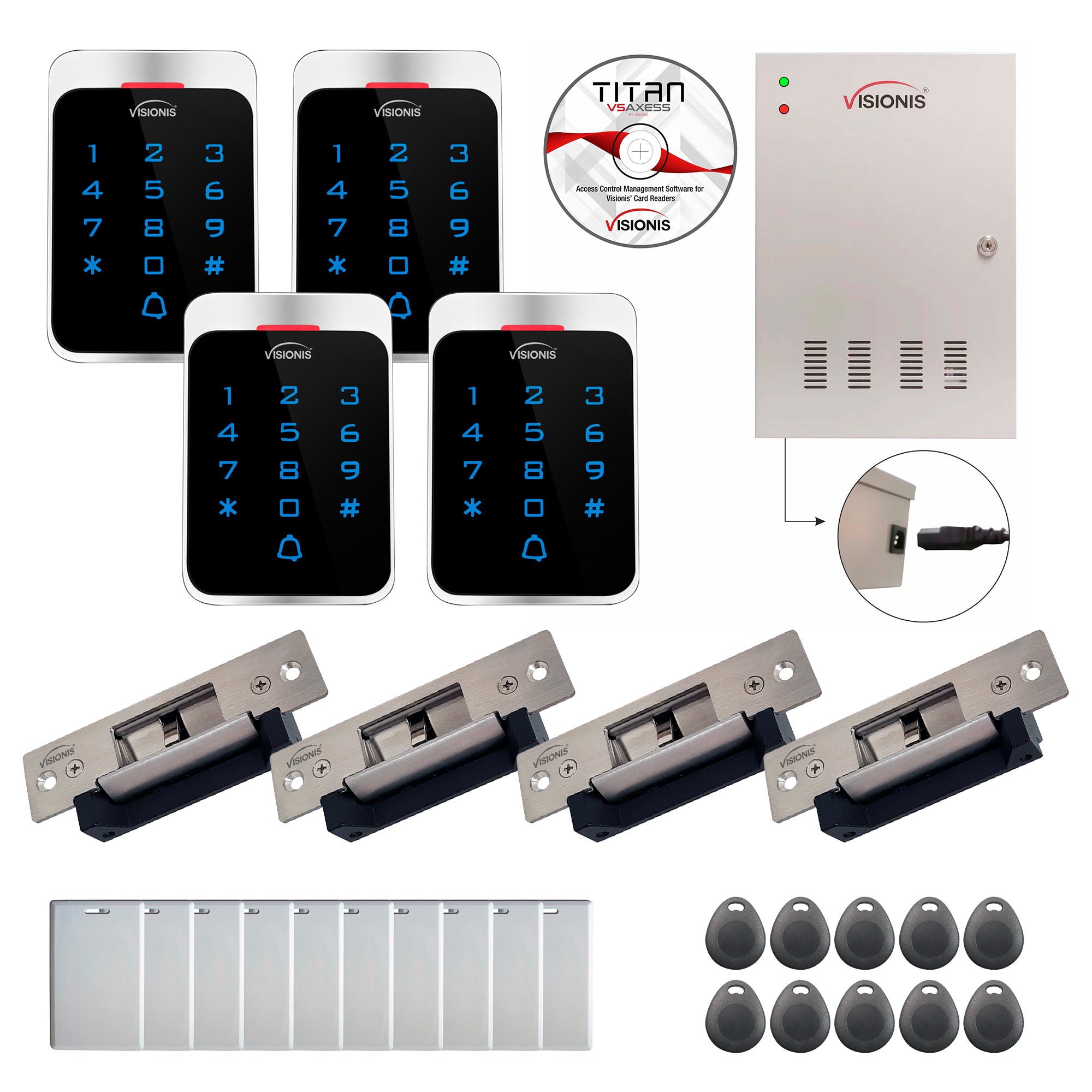 FPC-7308 Four Door Access Control TCP/IP Wiegand Electric Strike Lock Controller Box With Power Supply Included, Weatherproof Card/Keypad Reader, Software Included, 20,000 Users, 70,000 Records