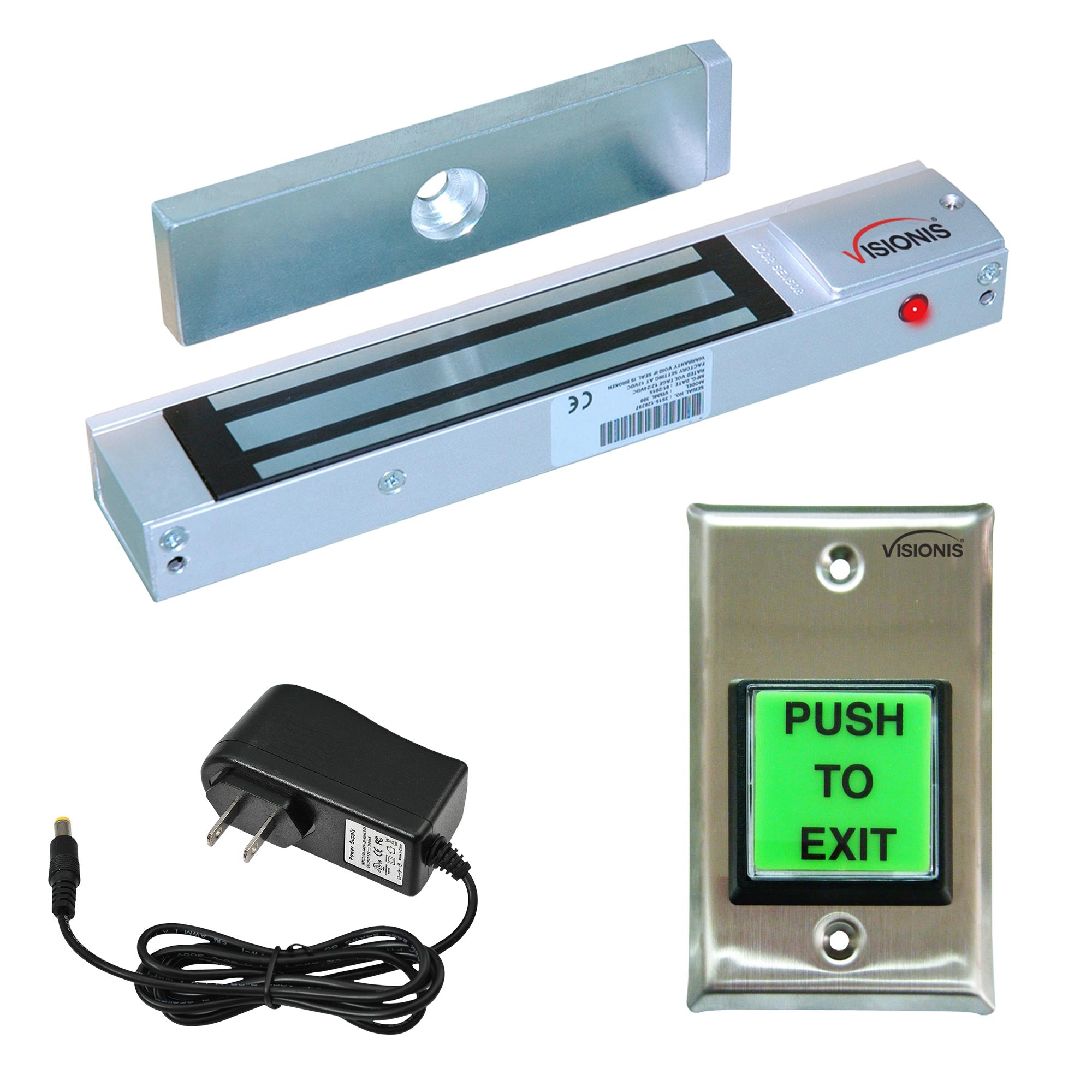 Indoor Magnetic Lock VIS-ML300LED 300lbs For Out Swinging Door With VIS-7000 Green LED Push To Exit Button NC, COM And NO Outputs For Access Control, 2 Amp Power Supply - FPC-7310 Visionis