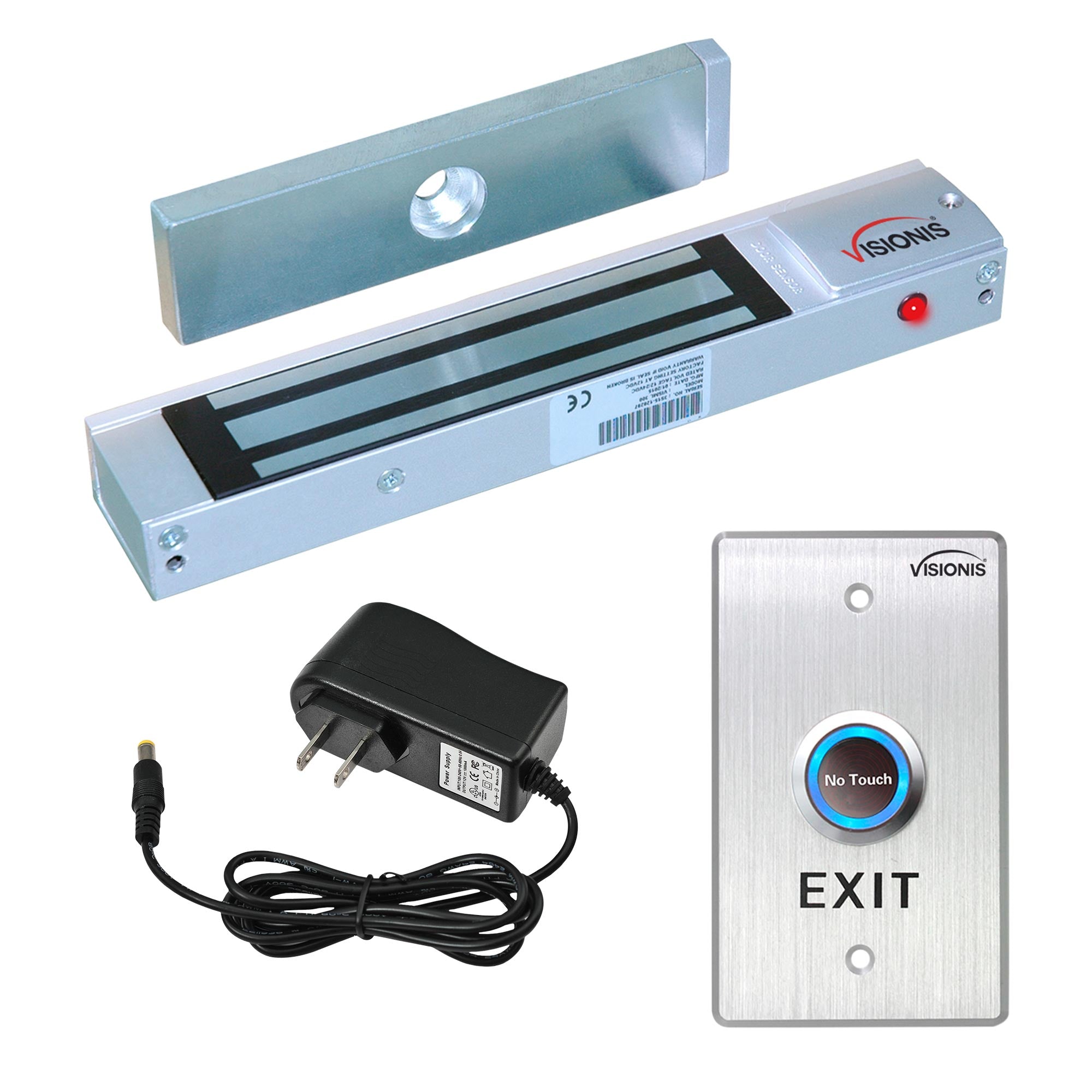 Visionis FPC-7312 VIS-ML300LED Indoor Electromagnetic Lock 300lb For Out Swinging Door With VIS-7013 No Touch With Delay Push To Exit Button NC, COM And NO Outputs For Access Control, 2 Amp Power Supply