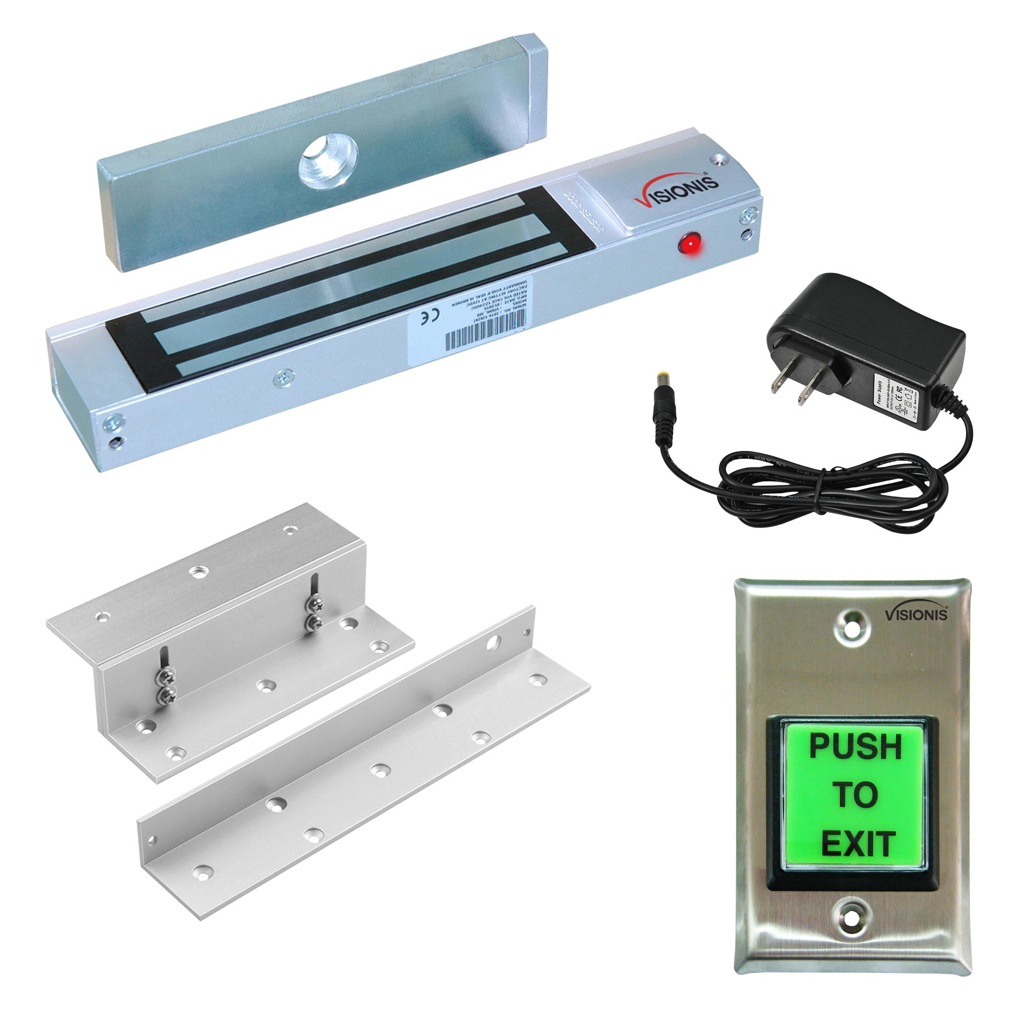 Indoor Magnetic Lock VIS-ML300LED 300lbs For In Swinging Door With VIS-7000 Green LED Push To Exit Button NC, COM And NO Outputs For Access Control, 2 Amp Power Supply - FPC-7313 Visionis