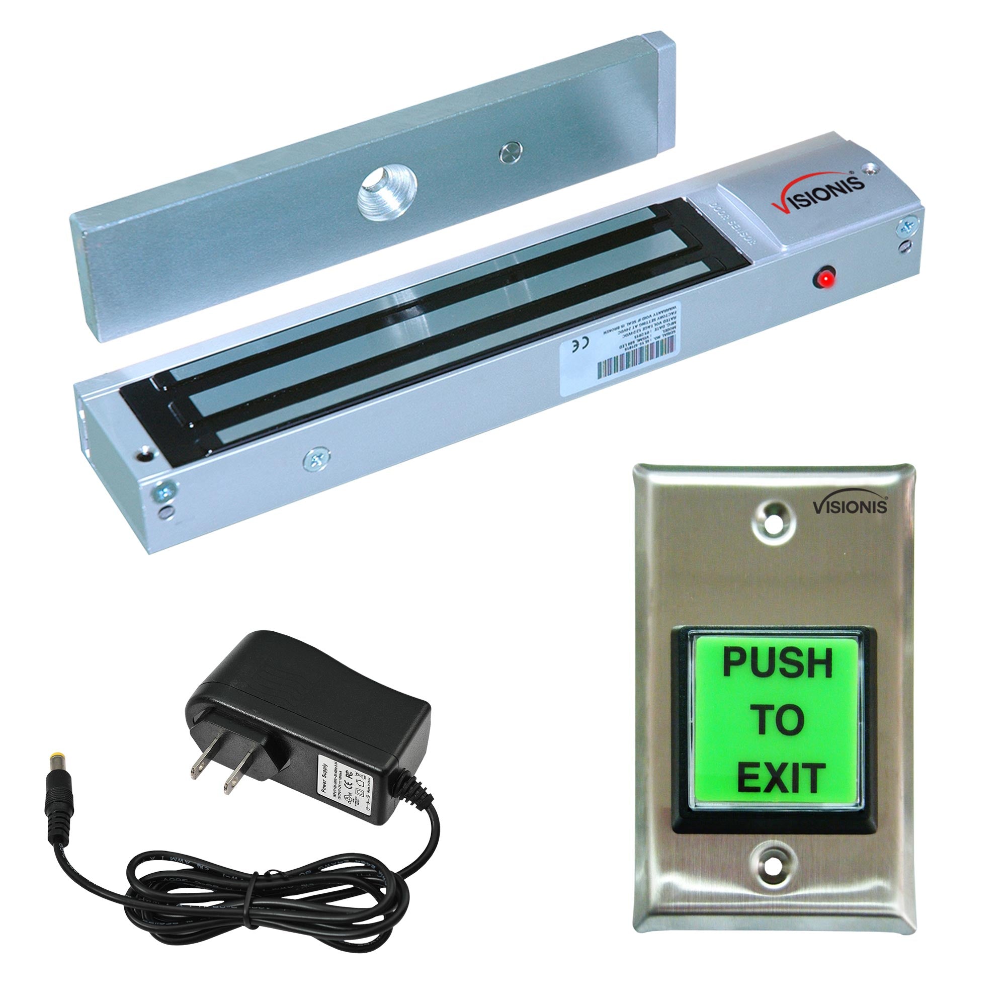 Visionis FPC-7317 VIS-ML600LED Indoor Electromagnetic Lock 600lbs For Out Swinging Door With VIS-7001 Door Bell Type Push To Exit Button NC, COM And NO Outputs For Access Control, 2 Amp Power Supply