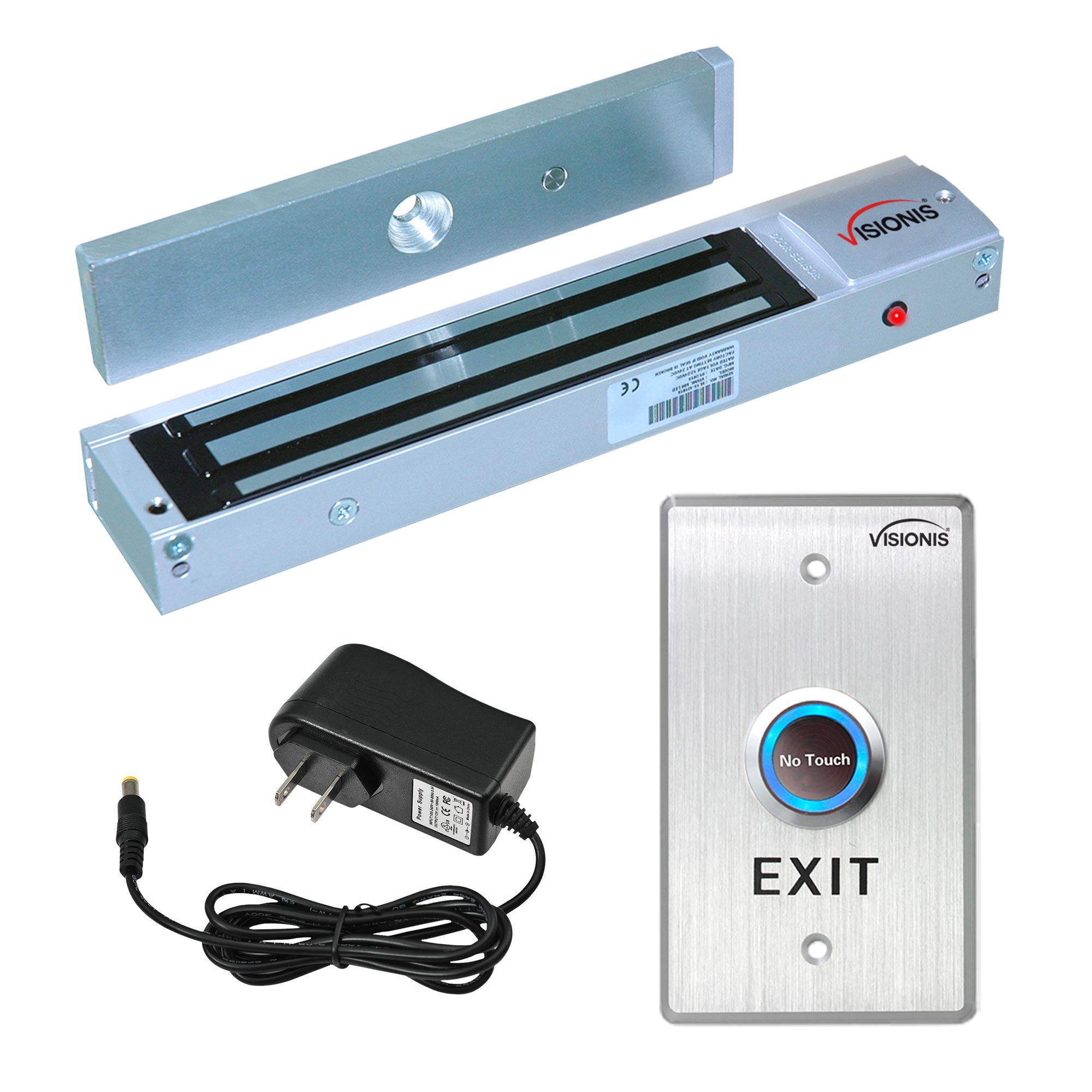 Visionis FPC-7318 VIS-ML600LED Indoor Electromagnetic Lock 600lbs For Out Swinging Door With VIS-7013 No Touch With Delay Push To Exit Button NC, COM, NO Outputs For Access Control, 2 Amp Power Supply