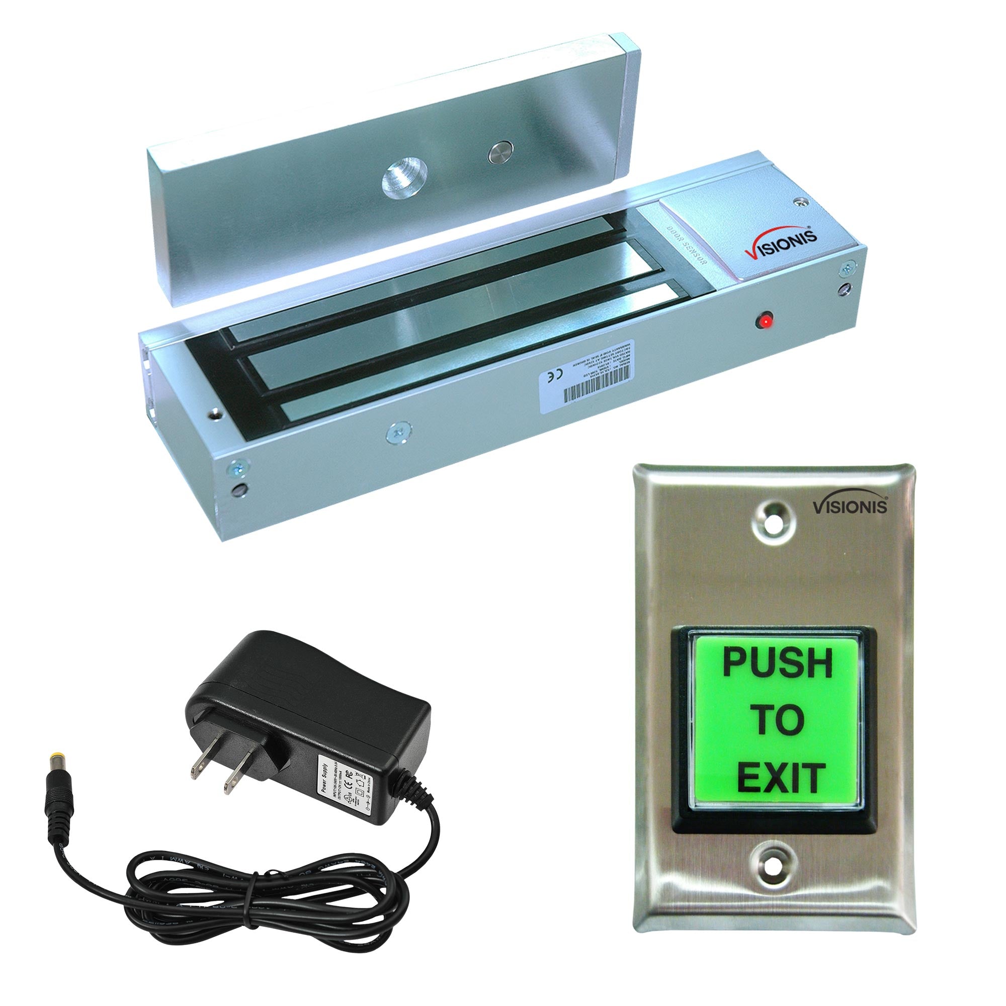 Indoor Magnetic Lock VIS-ML1200LED 1200lbs For Out Swinging Door With VIS-7000 Green LED Push To Exit Button NC, COM, NO Outputs For Access Control, 2 Amp Power Supply - FPC-7322 Visionis