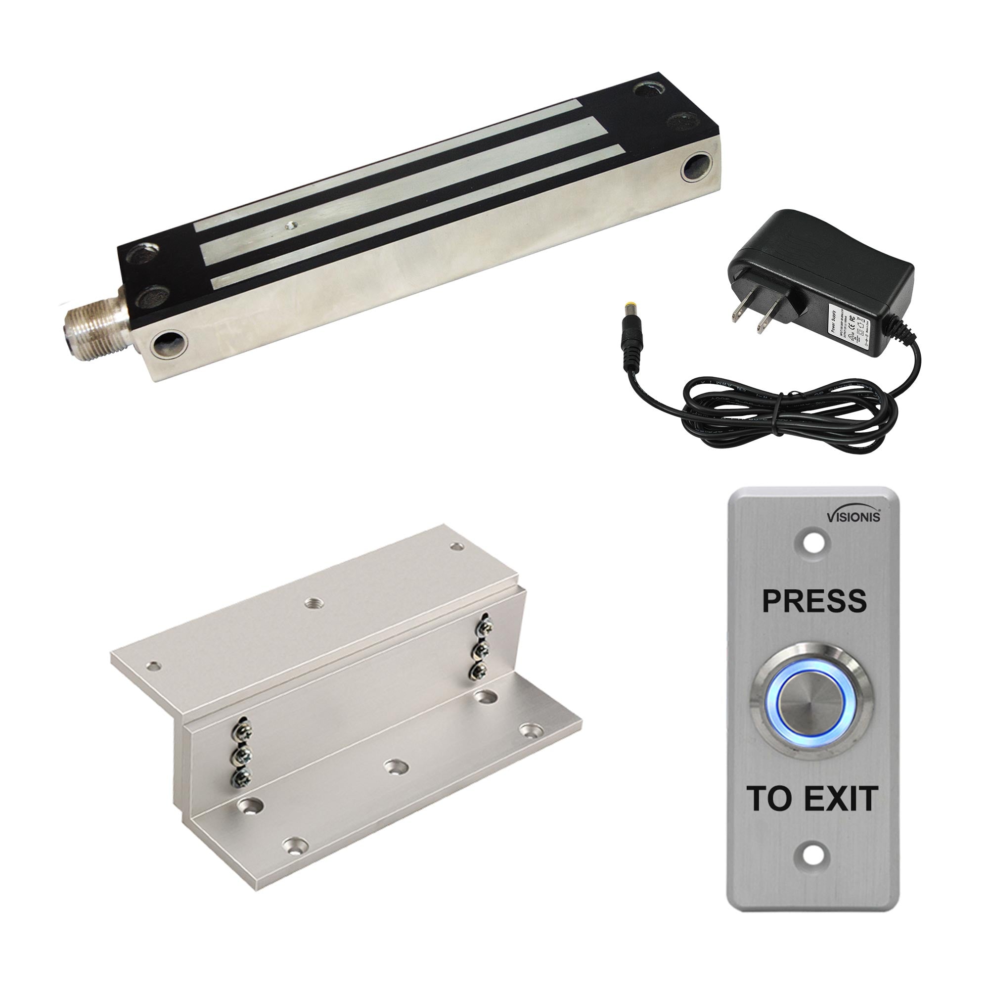 Visionis FPC-7330 VS-SS800-G Outdoor Electromagnetic Lock 800lbs With L And Z Bracket VIS-7008 Weatherproof With LED Push To Exit Button NO, NC, COM Outputs For Access Control, 2 Amp Power Supply