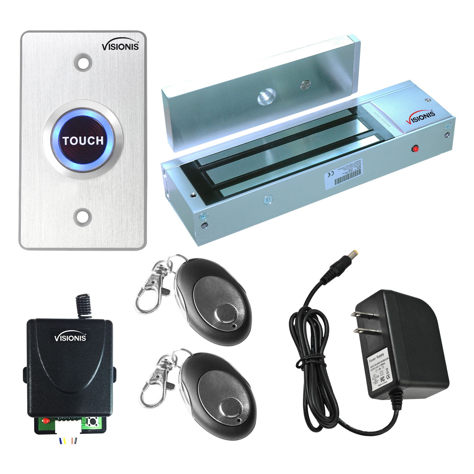 Visionis FPC-7456 One Door Access Control For Out Swinging Door 1200lbs Electromagnetic Lock Kit With Wireless Receiver + Remote + VIS-7005 Exit Button Kit