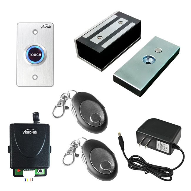 Visionis FPC-7460 One Door Access Control For Out Swinging Door 140lbs Electromagnetic Lock Kit With Wireless Receiver + Remote + VIS-7005 Exit Button Kit