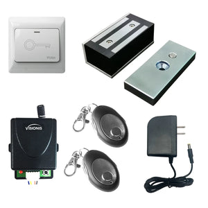 Cabinet magnetic lock buzz-in kit with remote and wide push-to-exit button. VIS-ML120 FPC-7468 VISIONIS