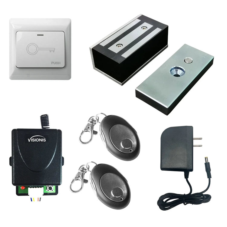 Cabinet magnetic lock buzz-in kit with remote and wide push-to-exit button. VIS-ML120 FPC-7468 VISIONIS