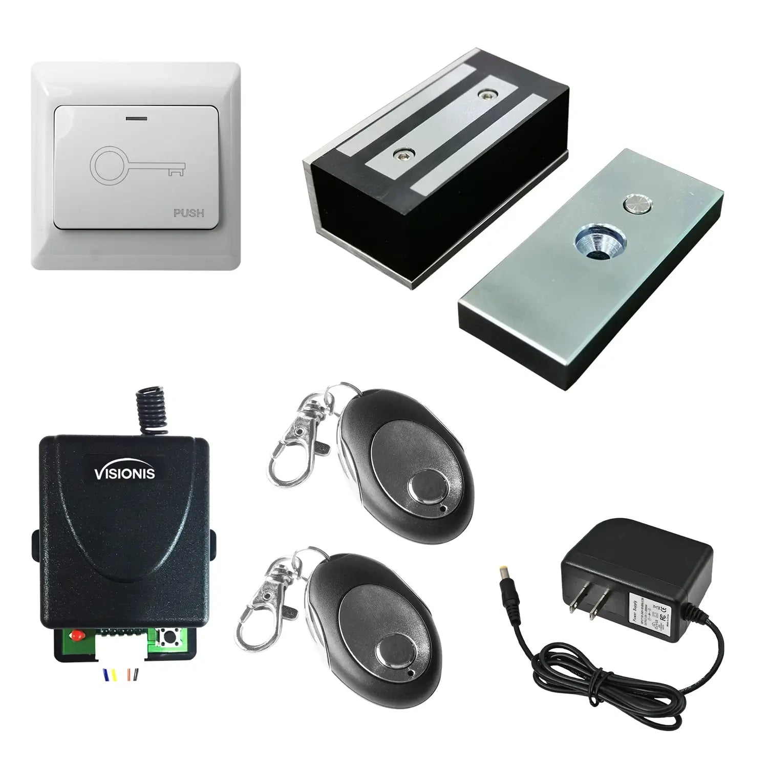 Cabinet magnetic lock buzz-in kit with remote and wide push-to-exit button. VIS-ML120 FPC-7468 VISIONIS