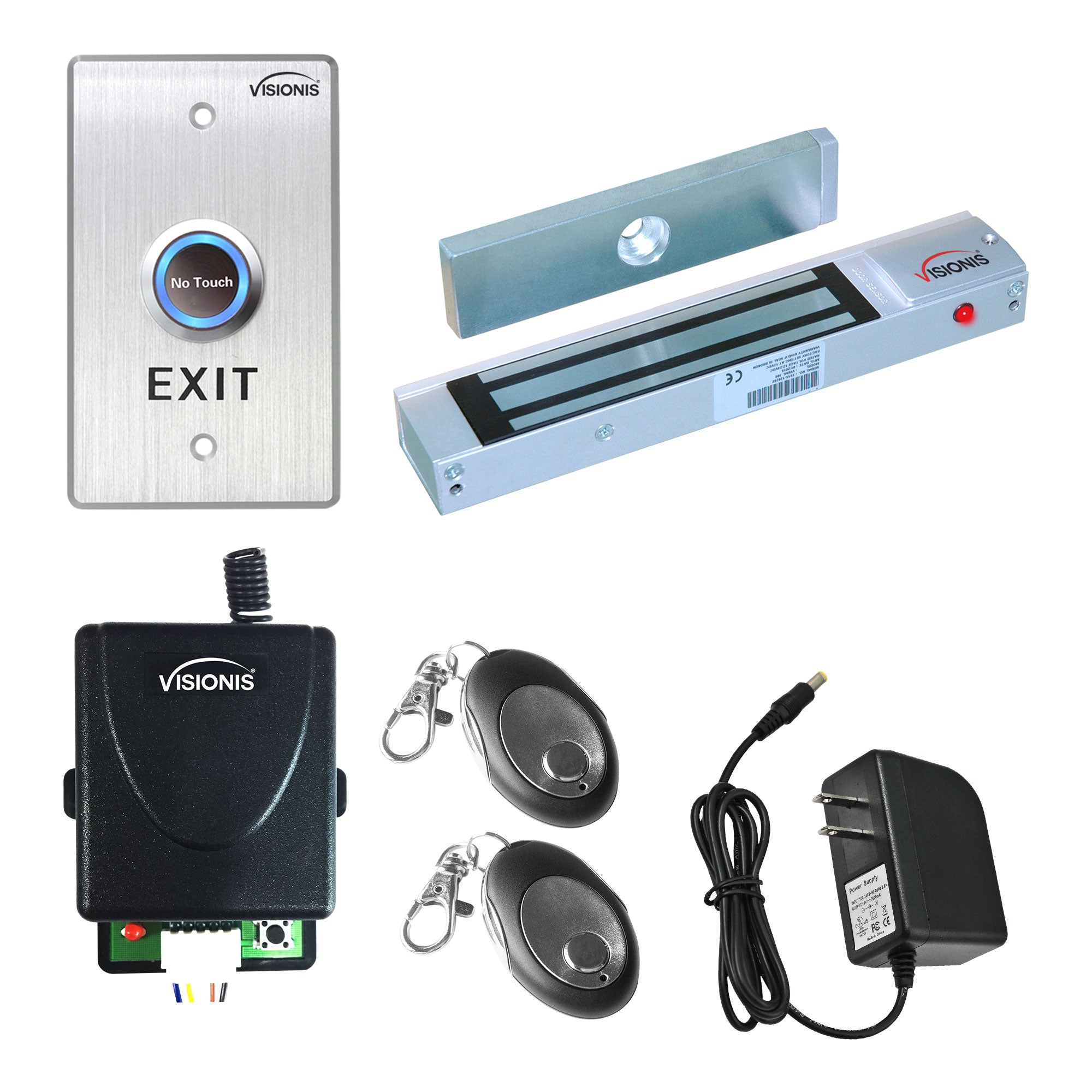 Visionis FPC-7469 One Door Access Control For Out Swinging Door 300lbs Electromagnetic Lock Kit With Wireless Receiver + Remote + VIS-7013 Exit Button Kit