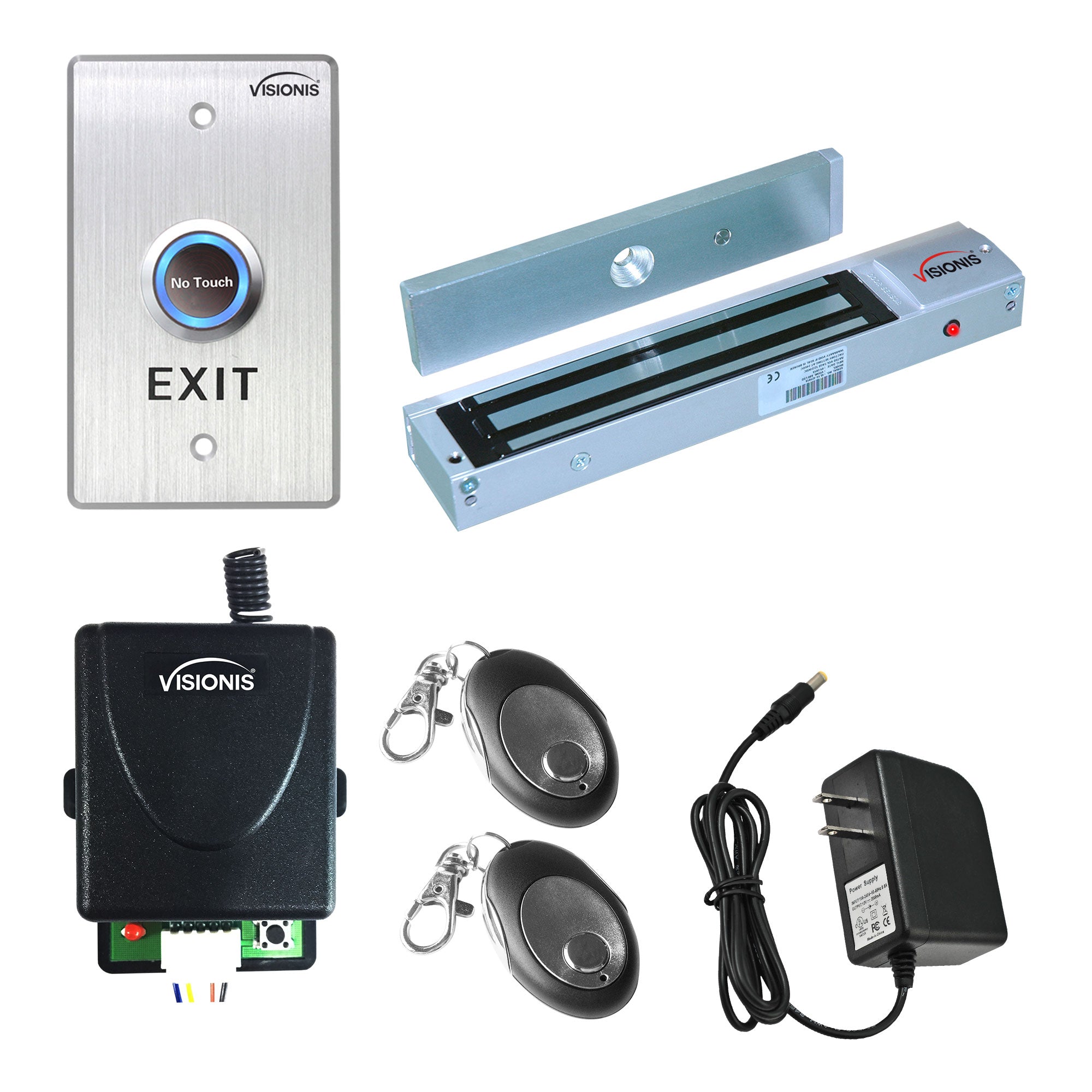 Visionis FPC-7470 One Door Access Control For Out Swinging Door 600lbs Electromagnetic Lock Kit With Wireless Receiver + Remote + VIS-7013 Exit Button Kit